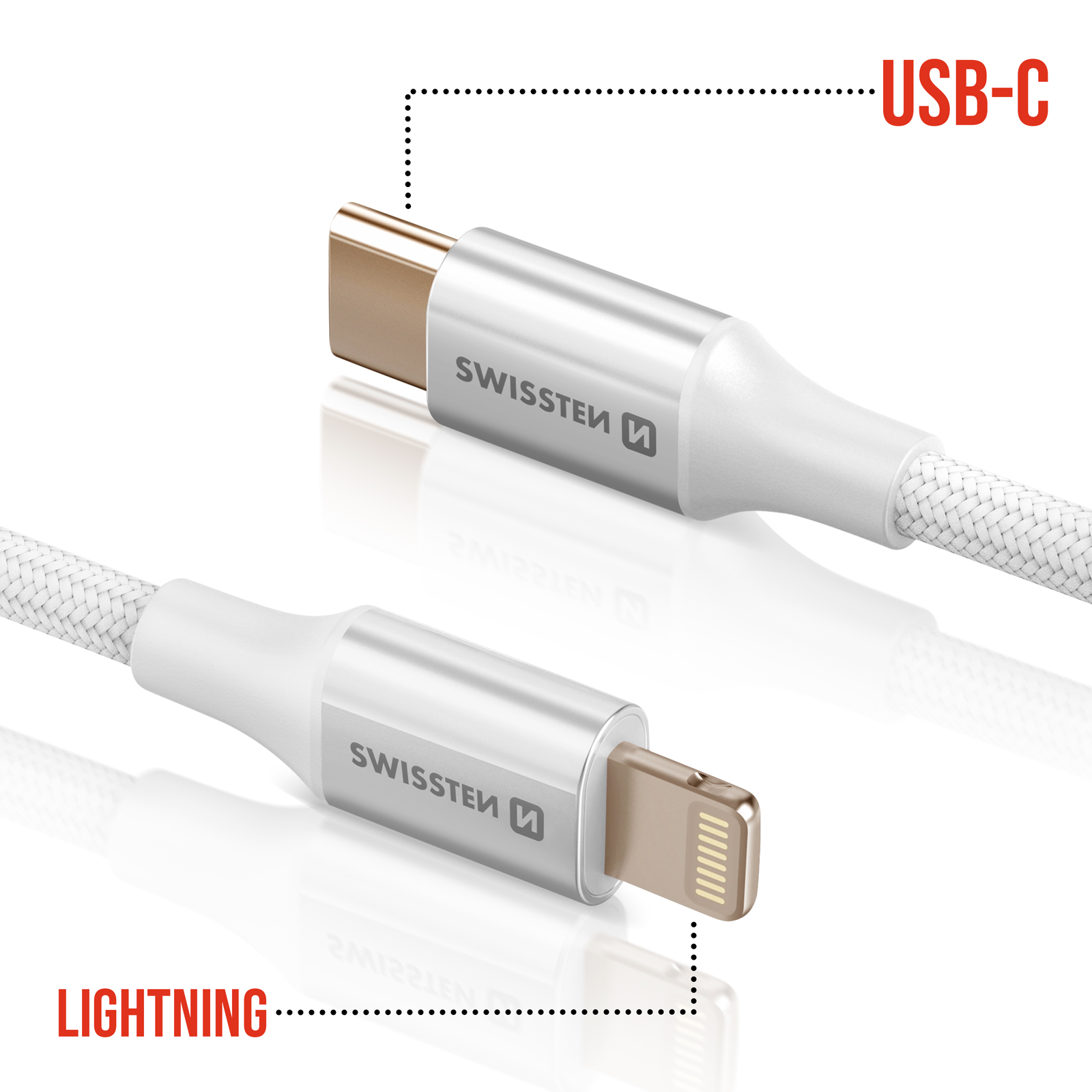 Das Bild zeigt zwei Ladekabel: USB-C und Lightning. Beide sind weiß mit silbernen Anschlüssen, das USB-C ist goldfarben.