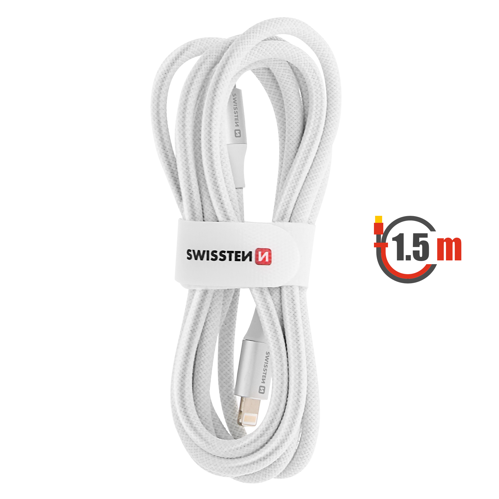 Weißes geflochtenes Ladekabel mit Klettverschluss mit der Aufschrift SwissTen. Kabellänge 1,5 m.