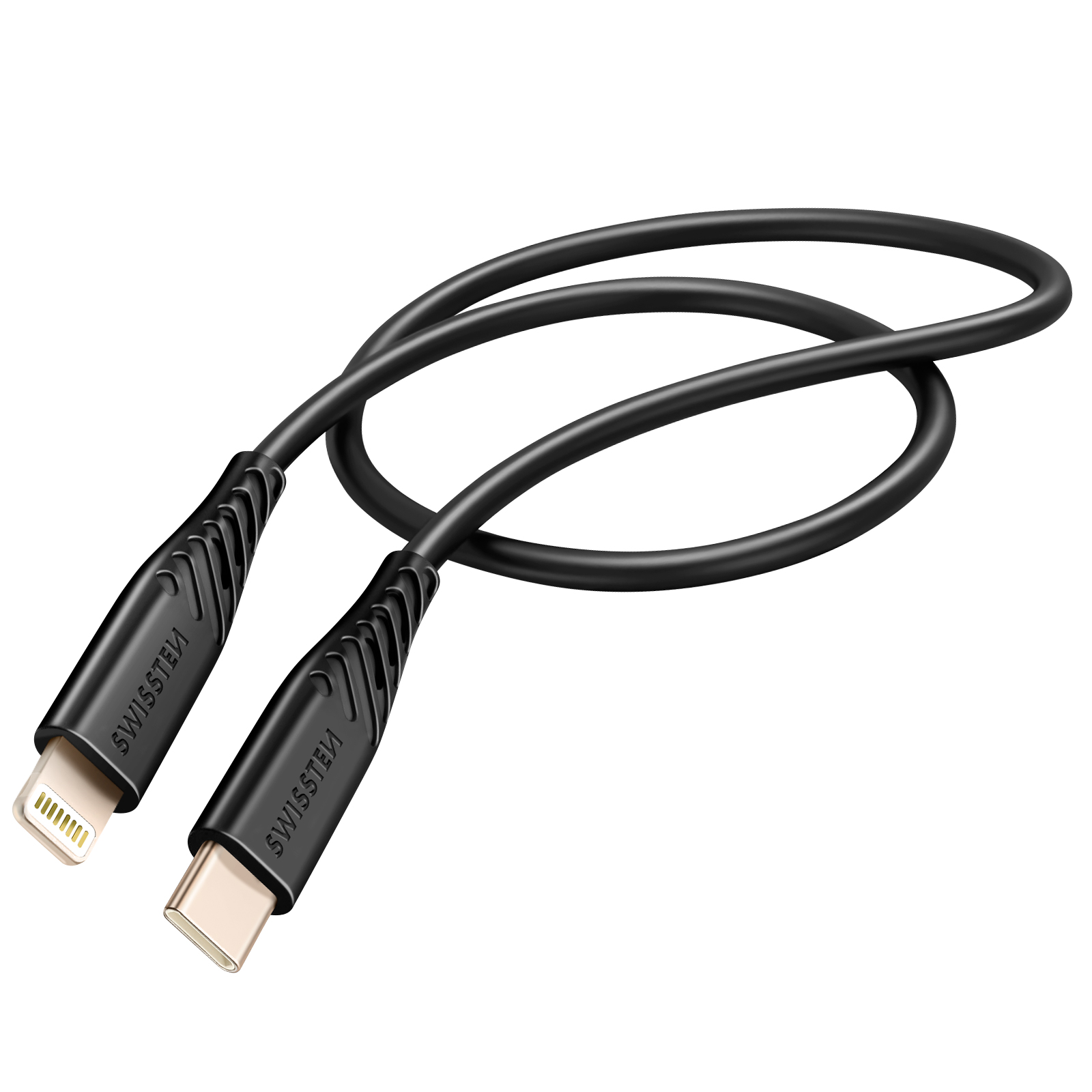 Câble de chargement USB noir avec connecteurs Lightning et USB-C. Le câble est bouclé, avec la marque SWISSTEN.
