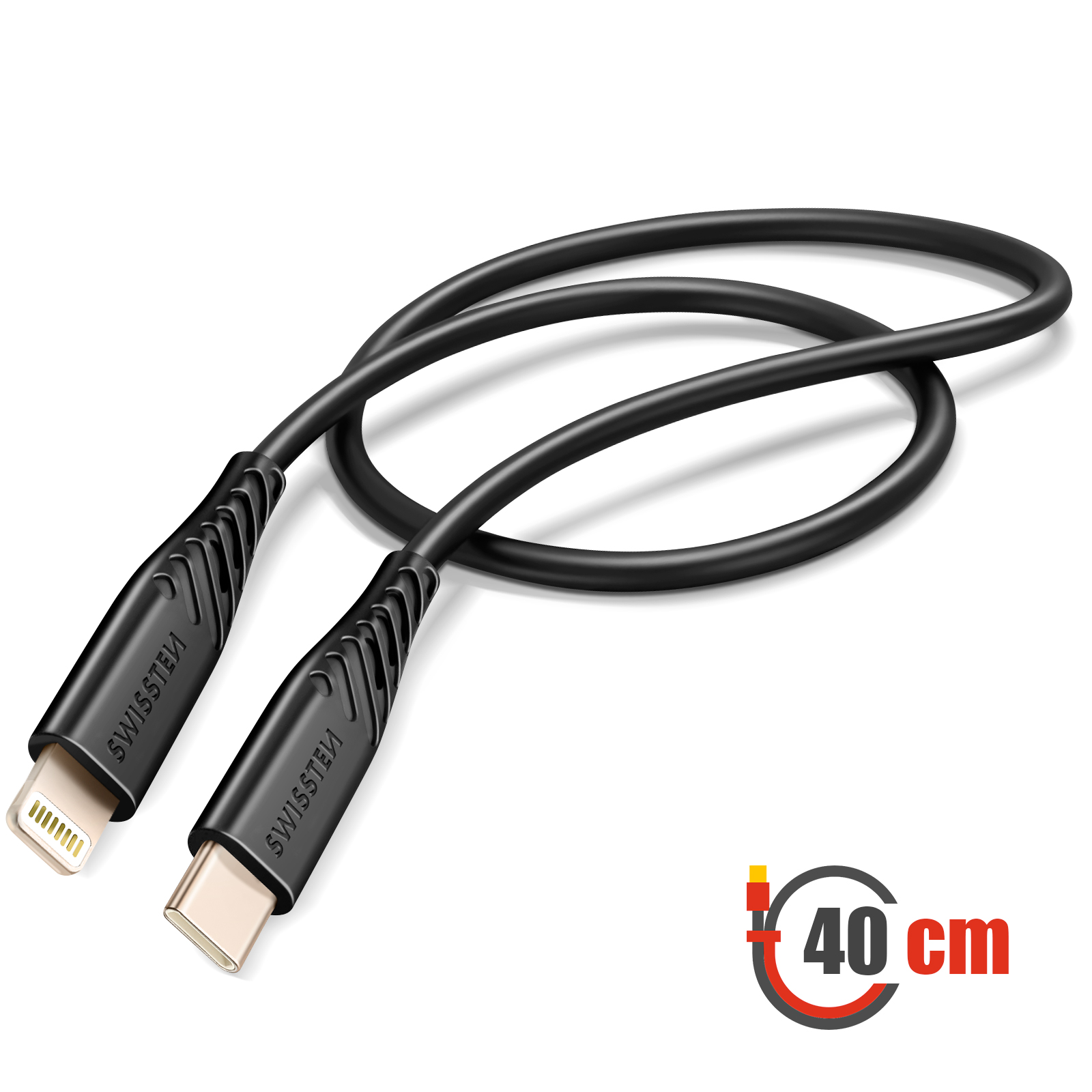 Câble de chargement noir avec connecteurs Lightning et USB-C. Un indicateur de longueur de 40 cm en arrière-plan.