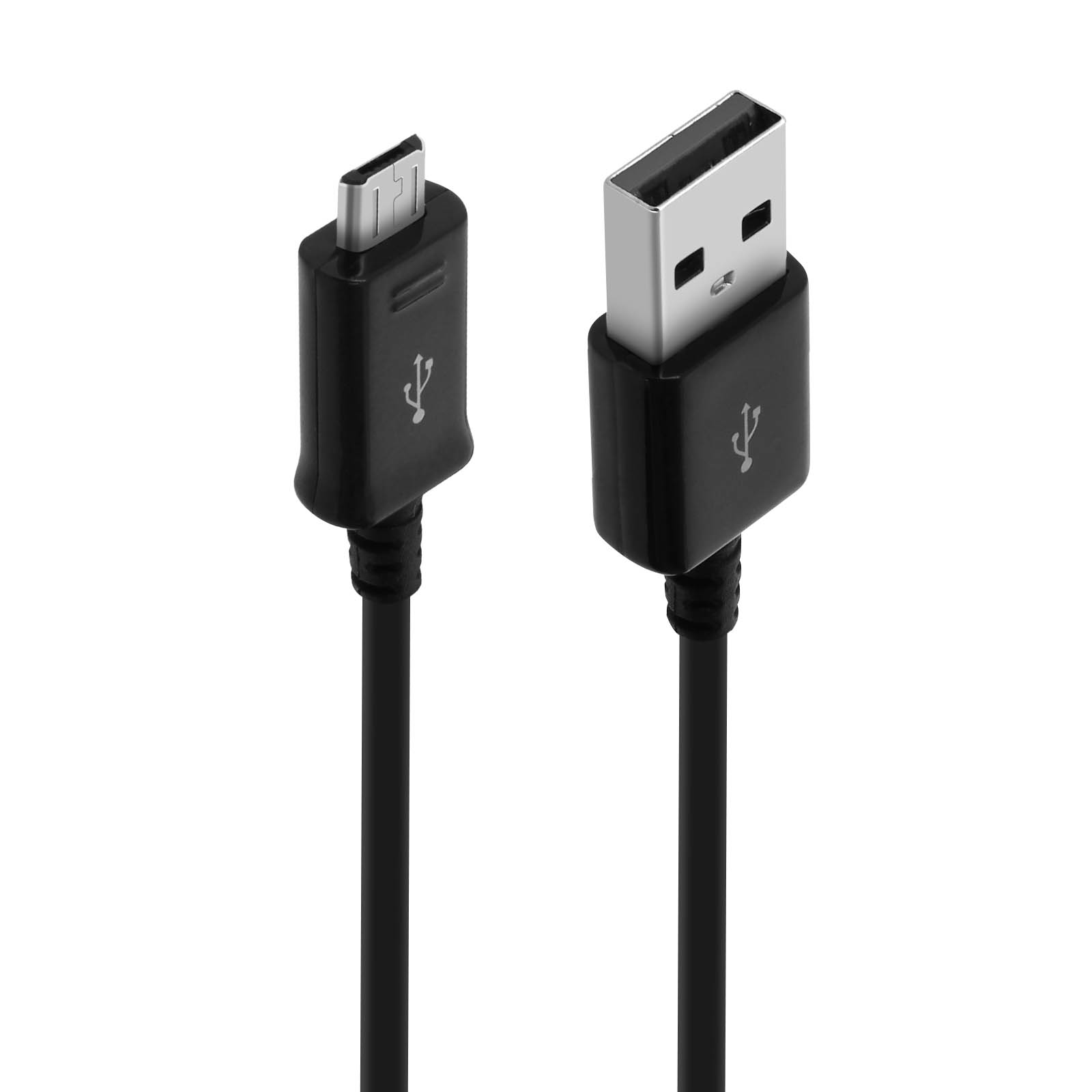 Due cavi USB neri con connettori diversi. Uno è micro-USB, l'altro USB-A. Entrambi hanno il simbolo USB.