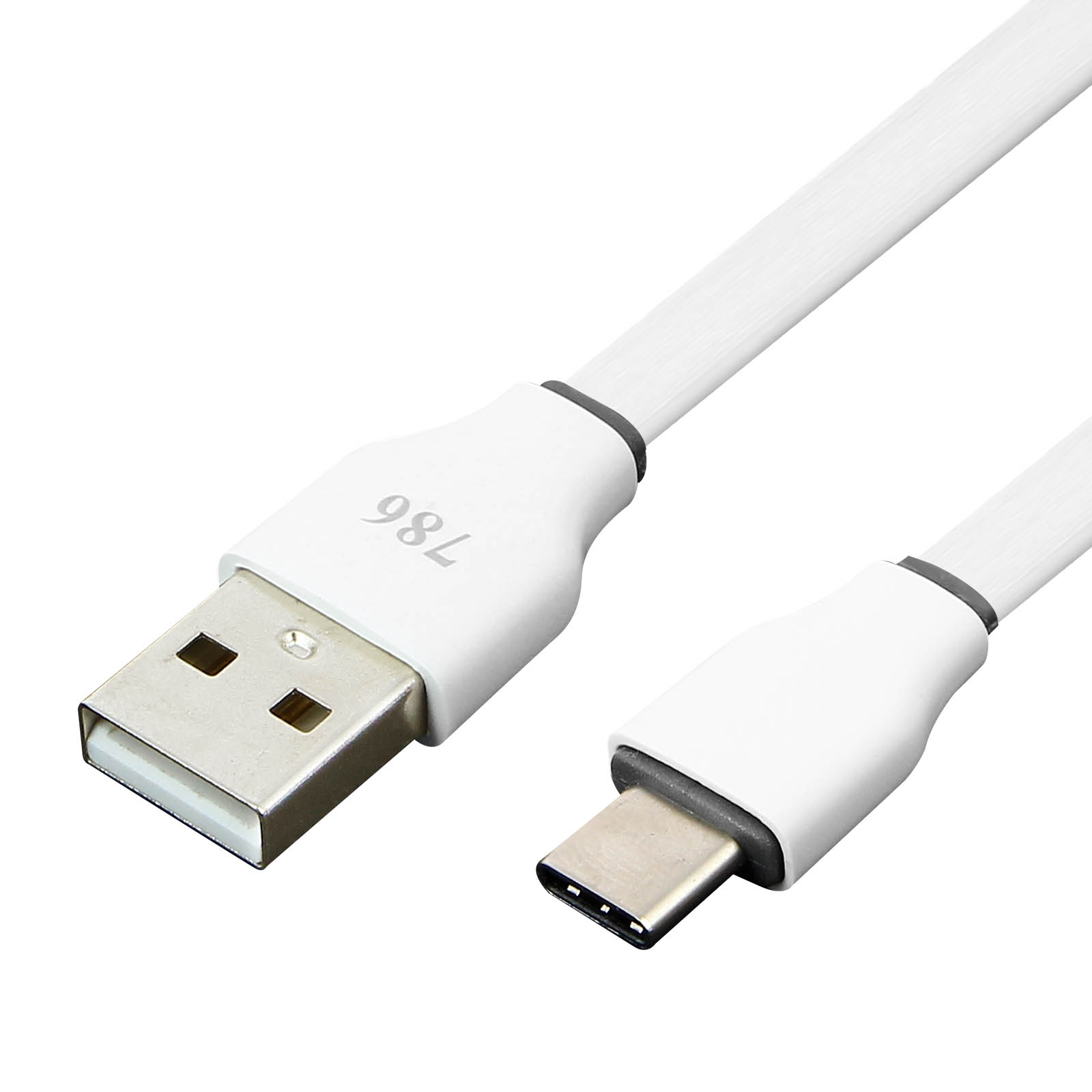 Un cavo USB-C bianco con un connettore USB e un connettore di tipo C, su sfondo bianco.