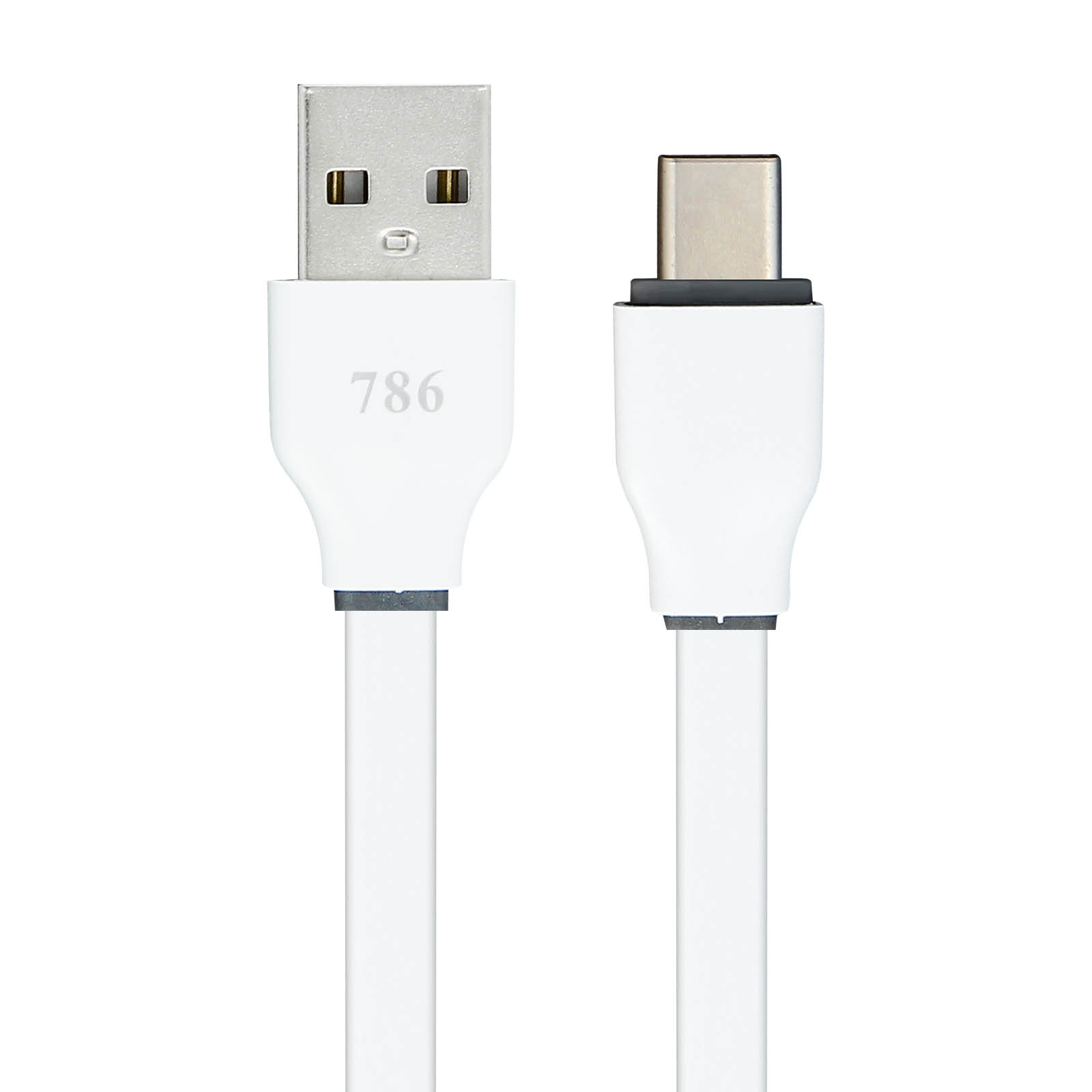 Un cavo da USB a USB-C bianco. L'estremità USB ha il numero 786 stampato.