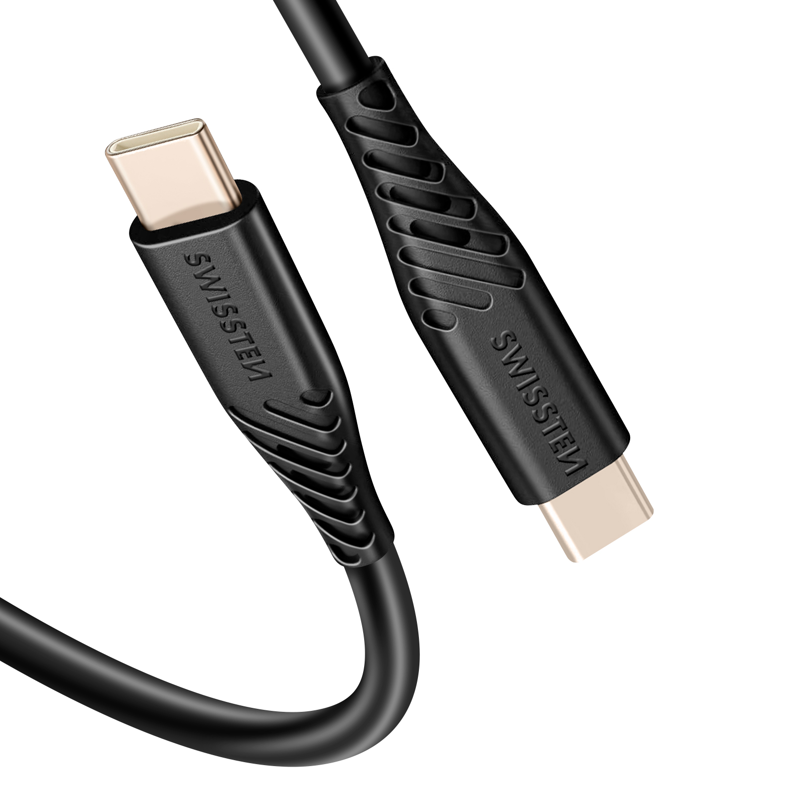Cavo USB-C nero con connettore dorato. Il marchio 'SWISSTEM' è visibile sul cavo.