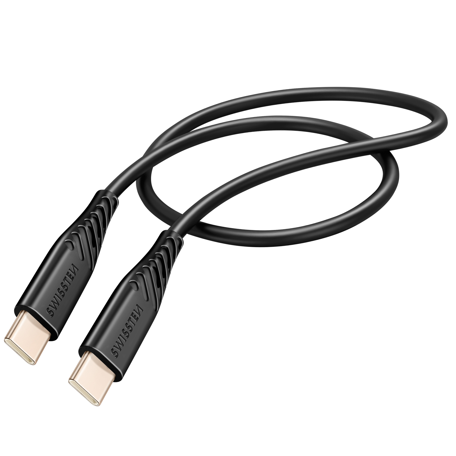 Un cavo USB-C nero con due connettori. Ogni connettore ha il marchio SWISSTEN stampato.