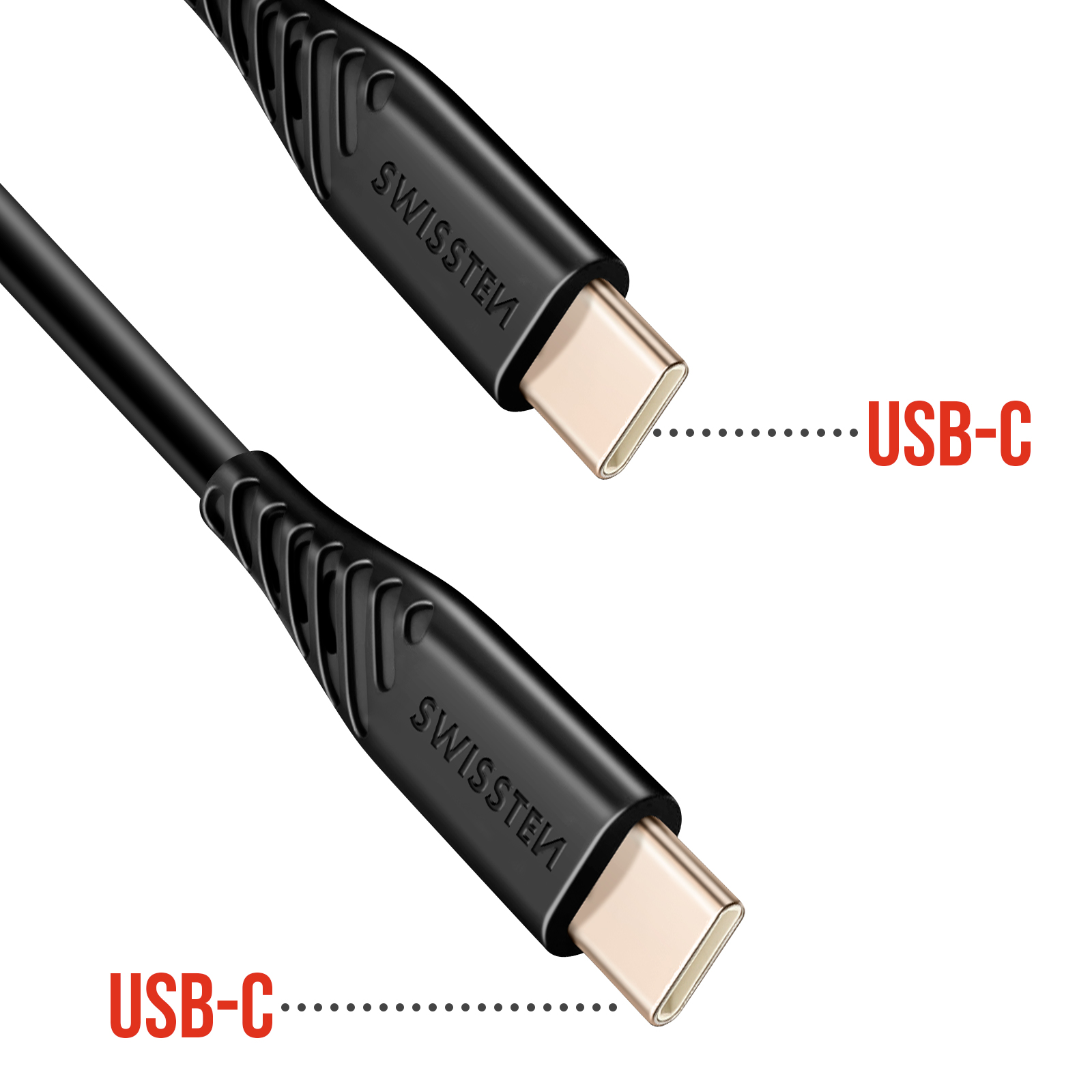 Due cavi USB-C neri con connettori dorati, etichettati 'SWISSTEN'. Testo 'USB-C' accanto a ogni connettore su sfondo bianco.