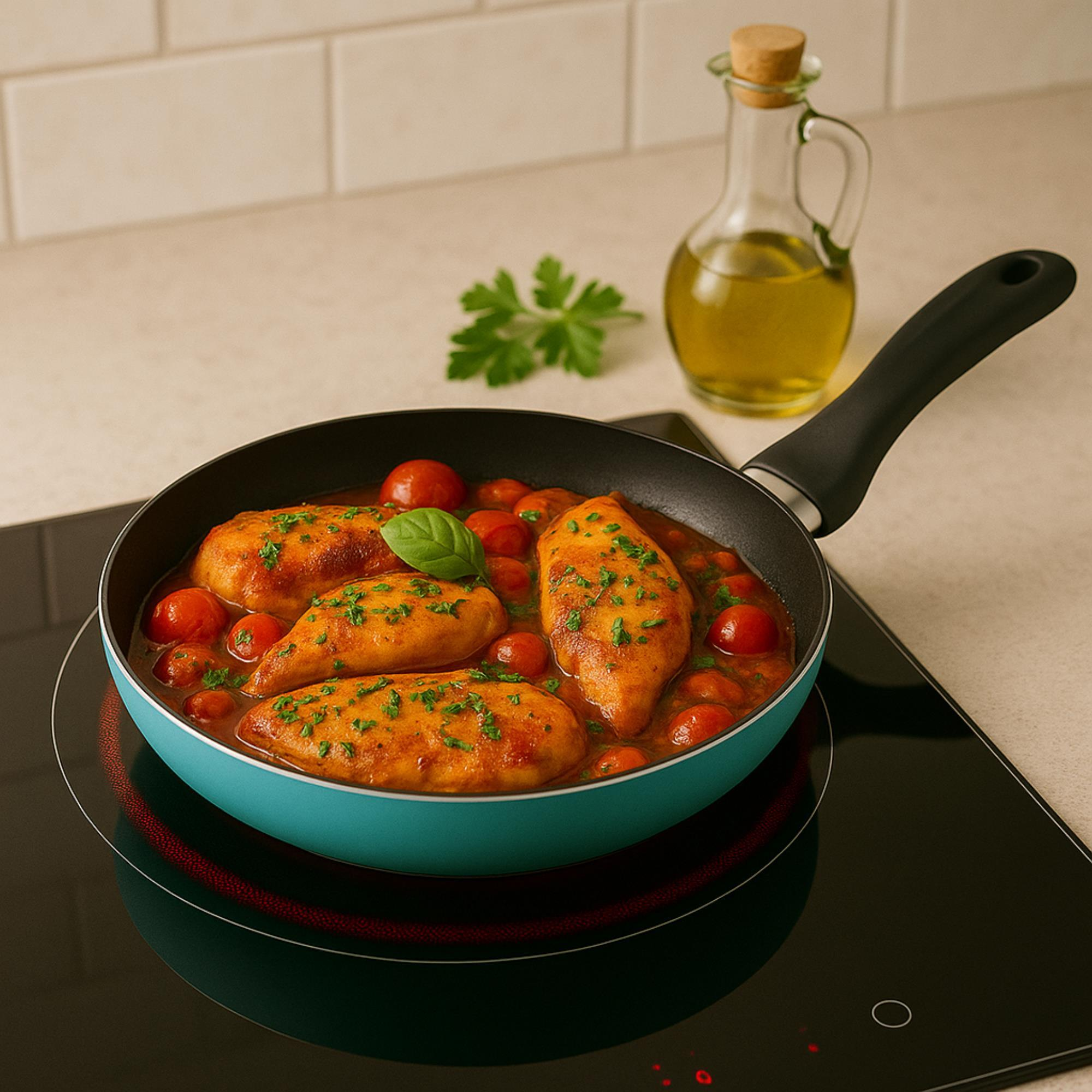 Pechugas de pollo con tomates en una sartén en la estufa, botella de aceite y perejil en el fondo.
