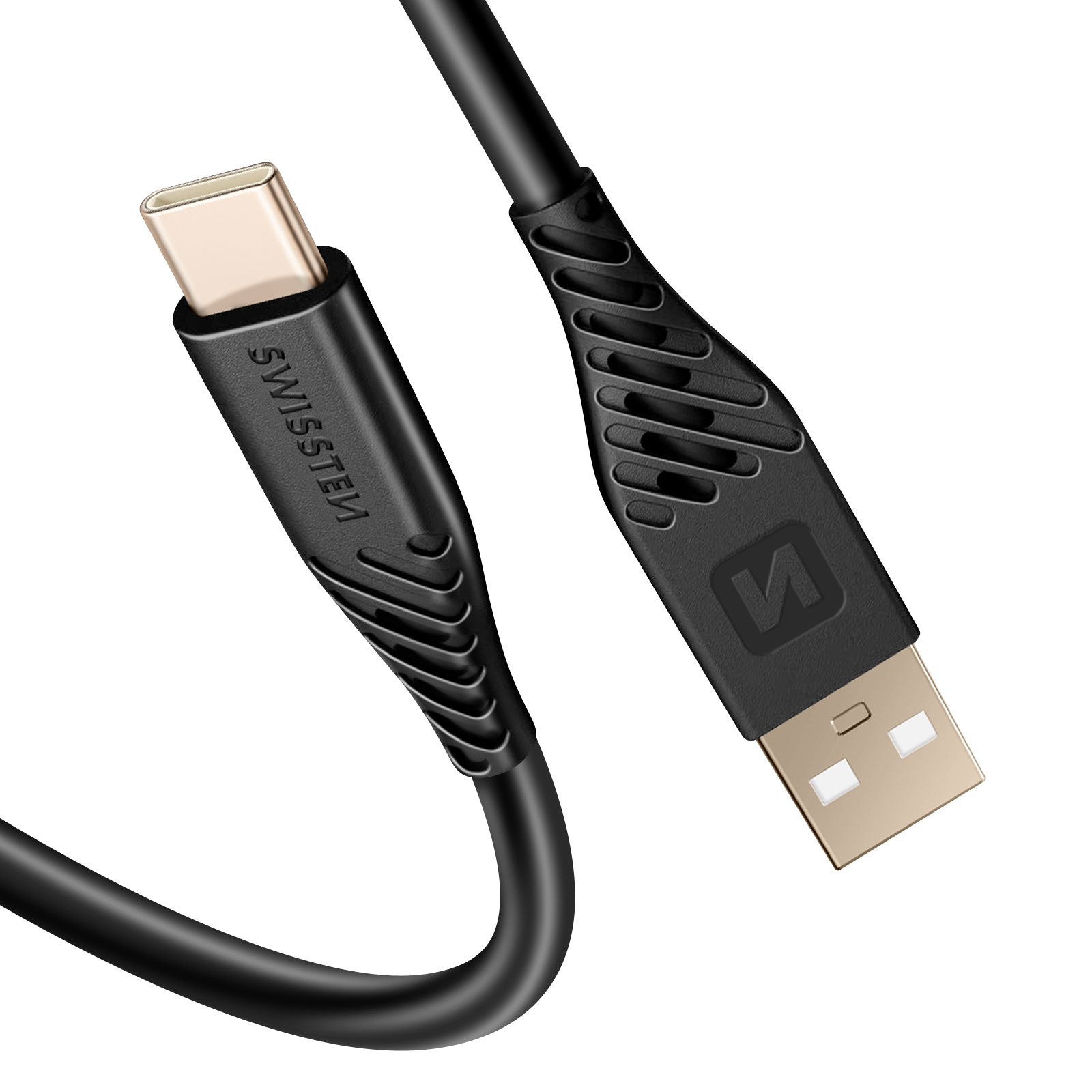 Un cavo USB-C nero con connettori dorati. Il cavo ha il marchio 'SWISSTEN'. Un'estremità è USB-A.