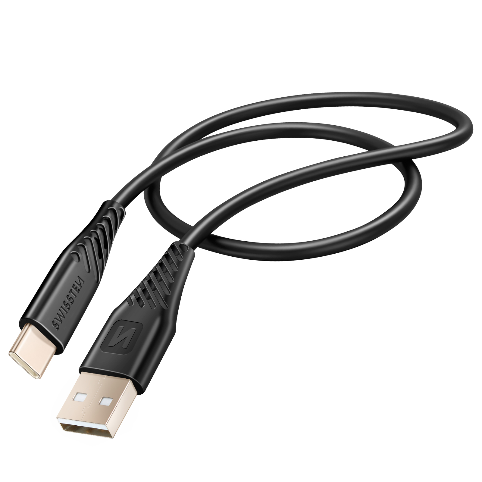 Un cavo di ricarica nero da USB-C a USB-A su sfondo bianco. Il cavo ha connettori dorati e un involucro di plastica nero.