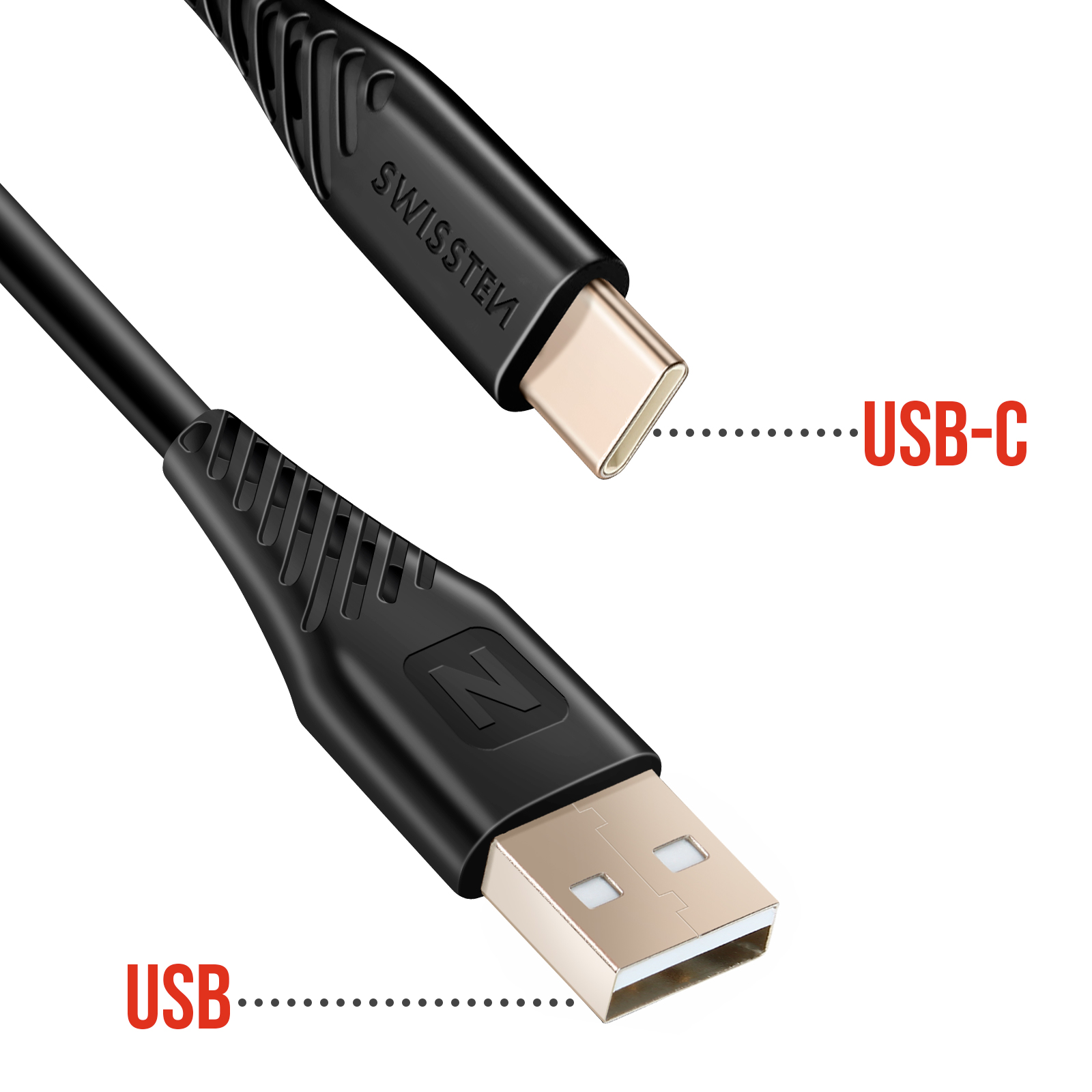 Un cavo USB nero con connettori USB-C e USB. L'estremità USB-C è etichettata 'USB-C' e l'estremità USB 'USB'.