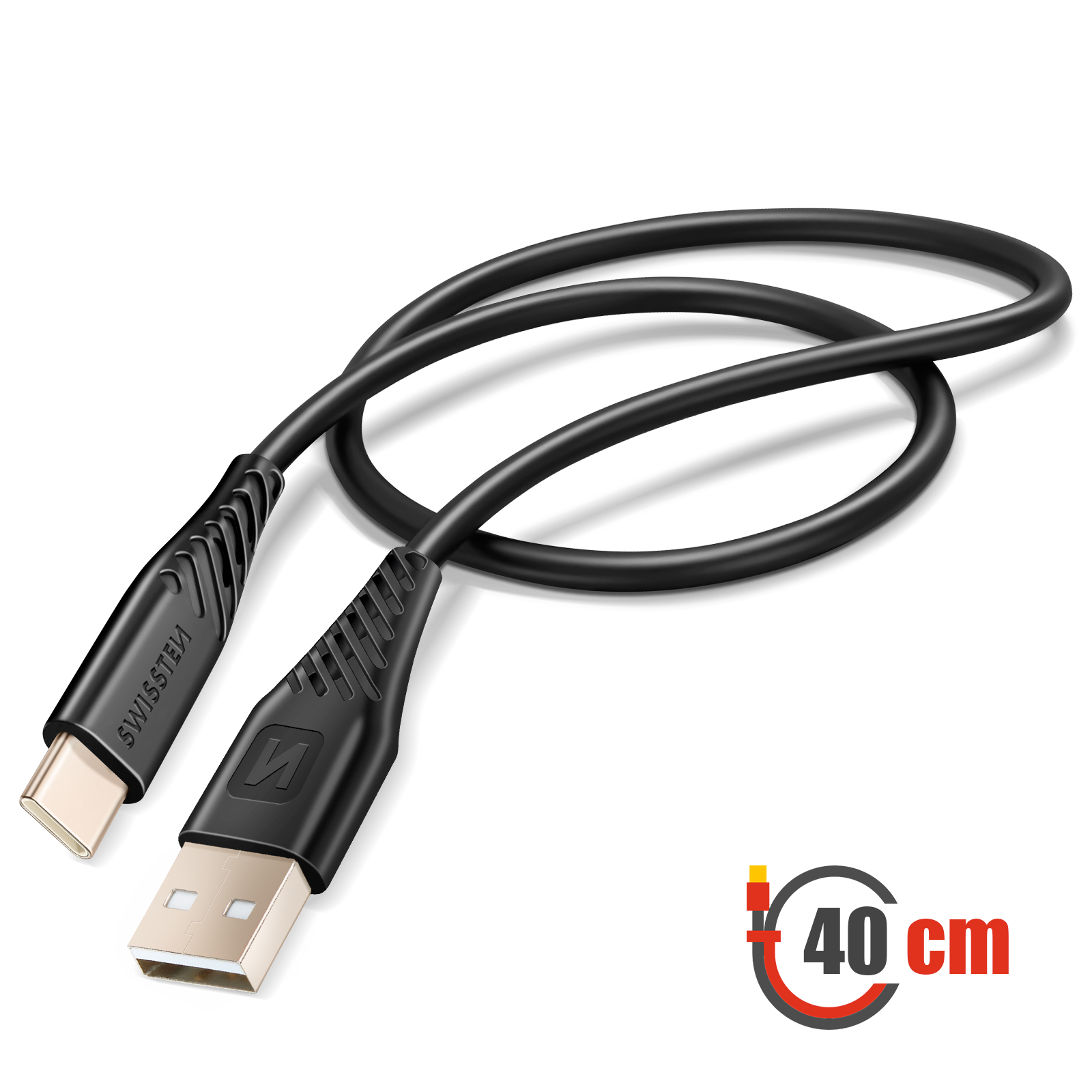 Cavo USB-C a USB nero, lungo 40cm. Un'estremità con 'SWISSTEN', l'altra con logo. Sfondo bianco.