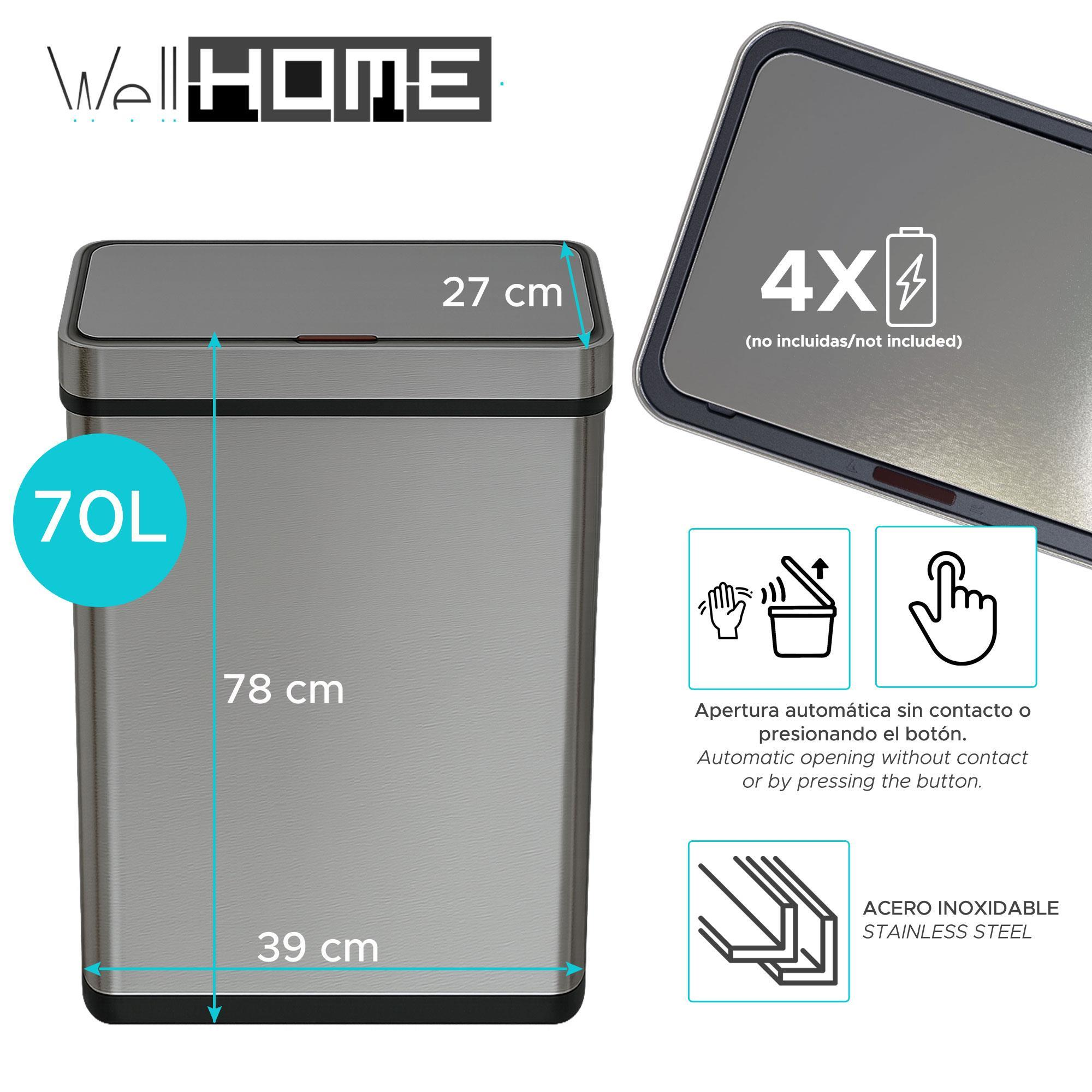 Un cubo de basura de acero inoxidable con dimensiones. Tiene una capacidad de 70L y se abre automáticamente. Requiere 4 pilas.