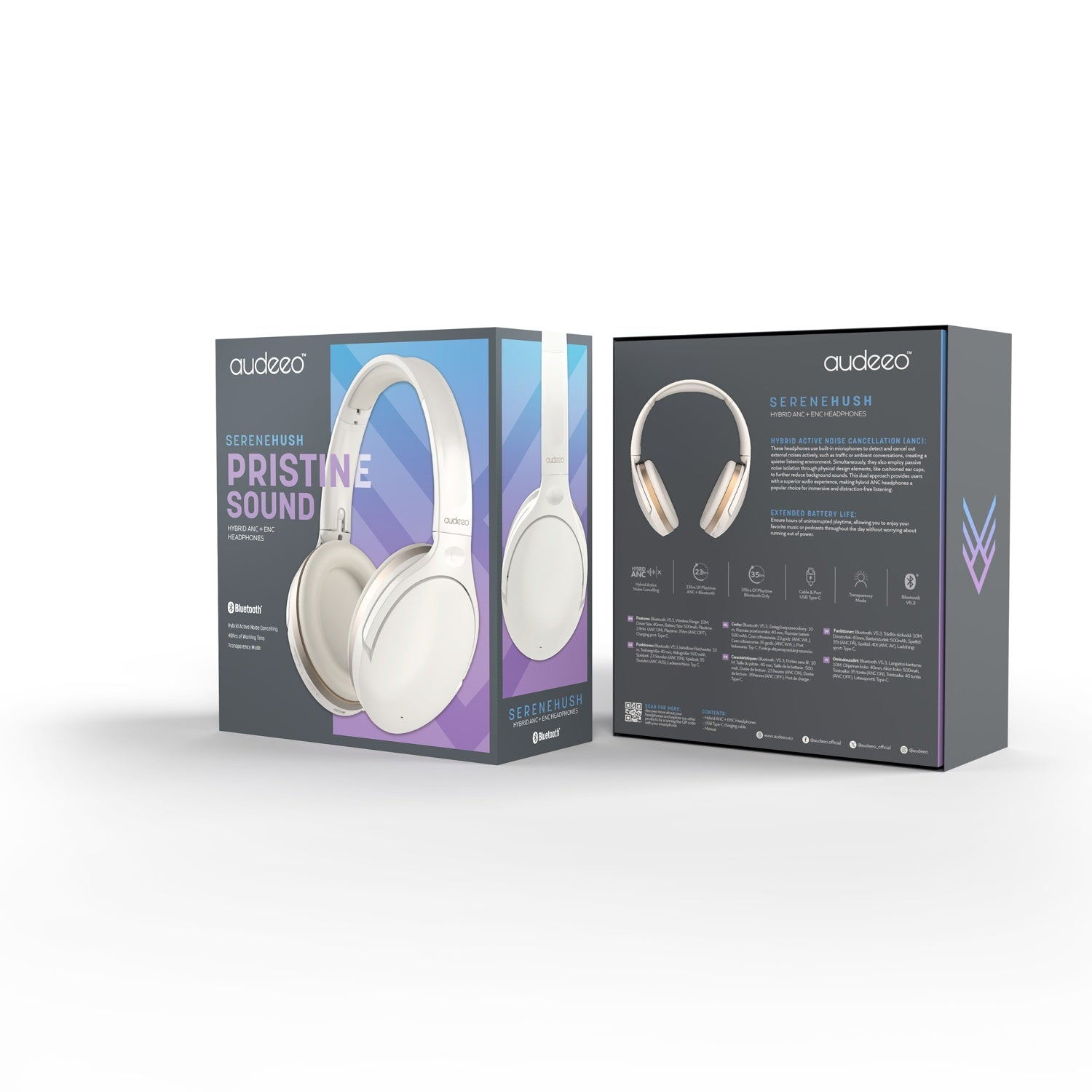 Cuffie bianche in scatole. Il testo recita 'Serenehush', 'Pristine Sound'. Logo Bluetooth presente.