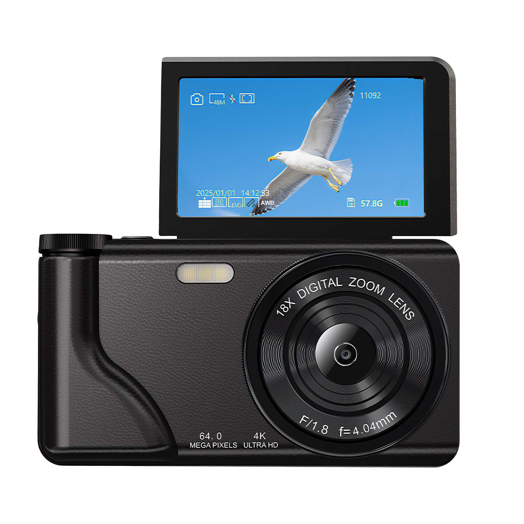 Eine schwarze Digitalkamera mit einem Bildschirm, der eine Möwe im blauen Himmel zeigt. Das Objektiv sagt 18X Digitalzoom.