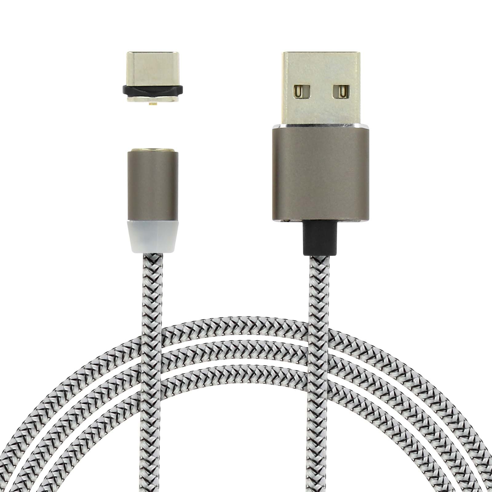 Un cavo di ricarica USB magnetico con un cavo intrecciato. Il cavo ha un connettore USB, un connettore magnetico e una testa magnetica staccata.