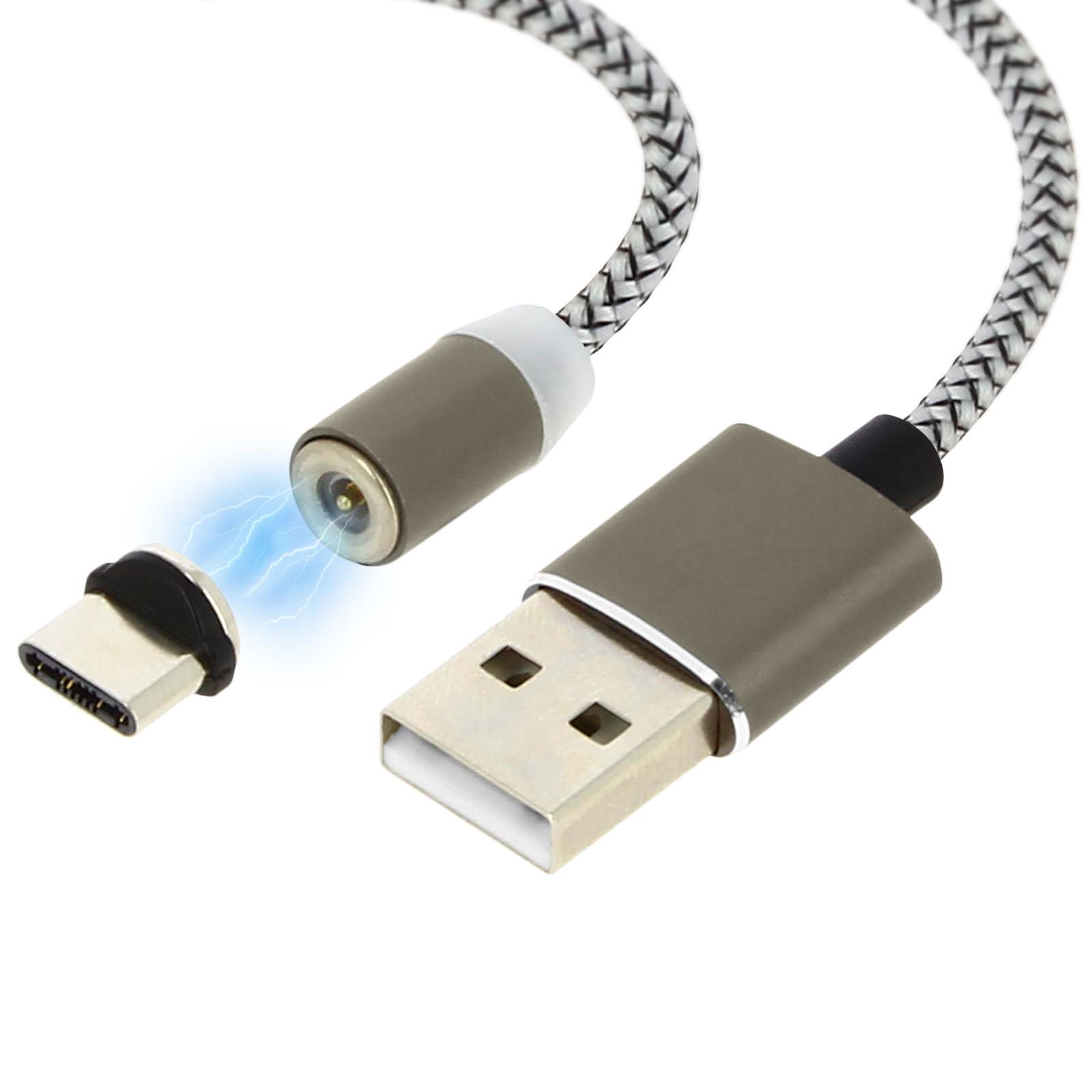 Un cavo di ricarica USB grigio con connettore magnetico e connettore USB-A è visualizzato su sfondo bianco.