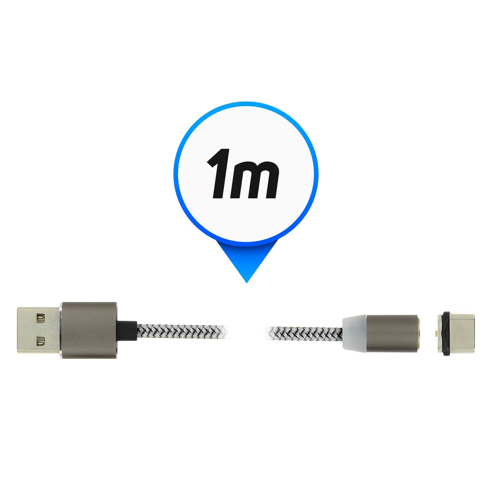 Un cavo USB con connettore magnetico. Un cerchio blu e bianco indica la lunghezza di 1 m.