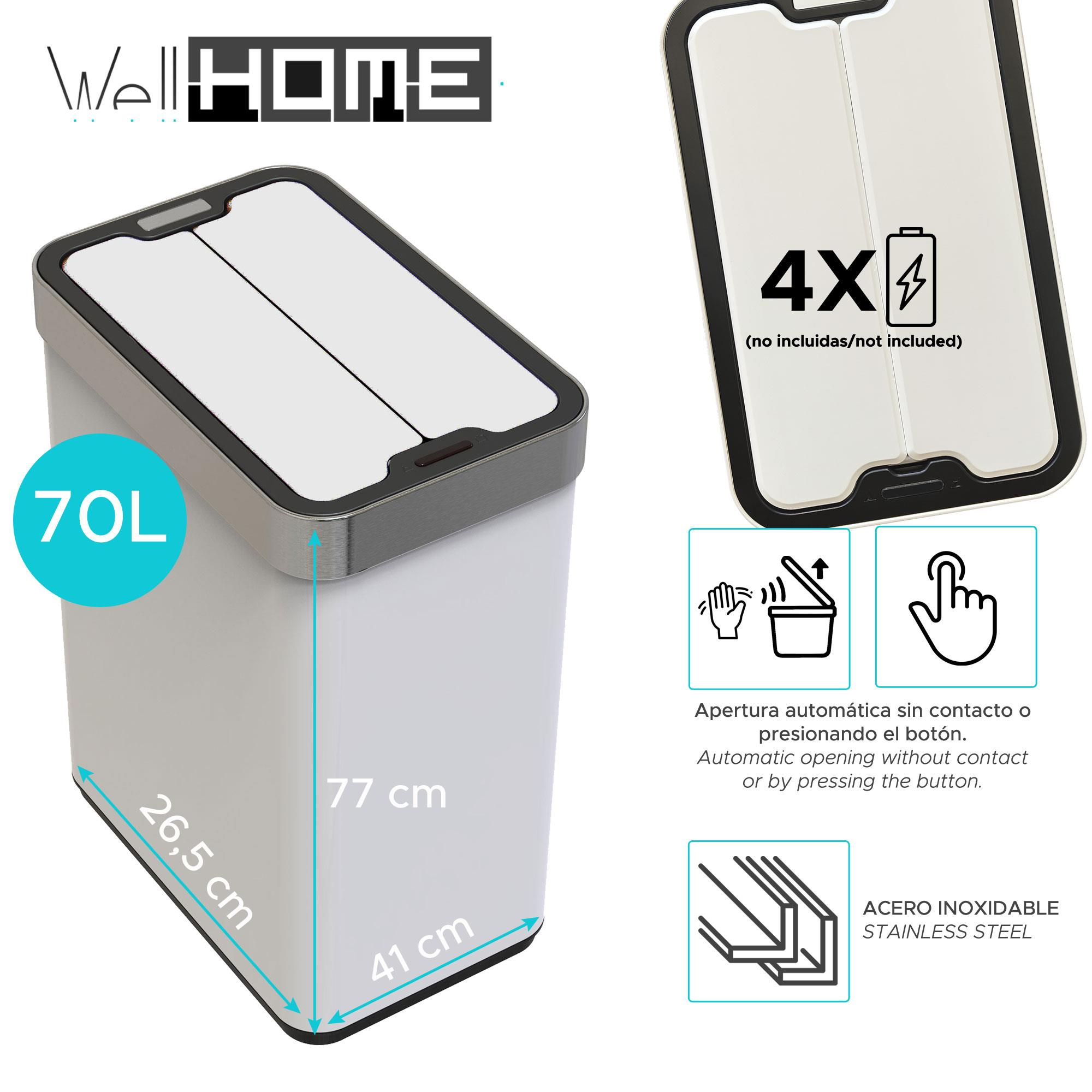 Contenedor de basura blanco con tapa plateada. Tiene dimensiones etiquetadas e iconos para apertura automática y acero inoxidable.