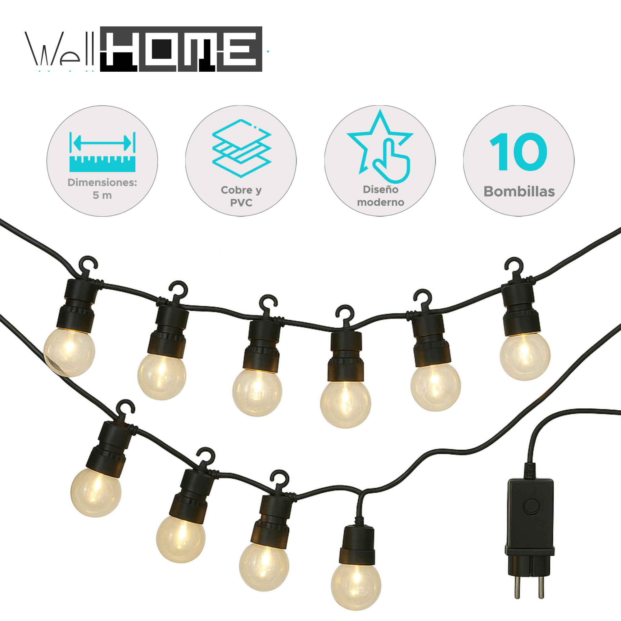 Luces de cadena con 10 bombillas. Cable negro, bombillas transparentes. Iconos de información: dimensiones 5m, cobre y PVC.