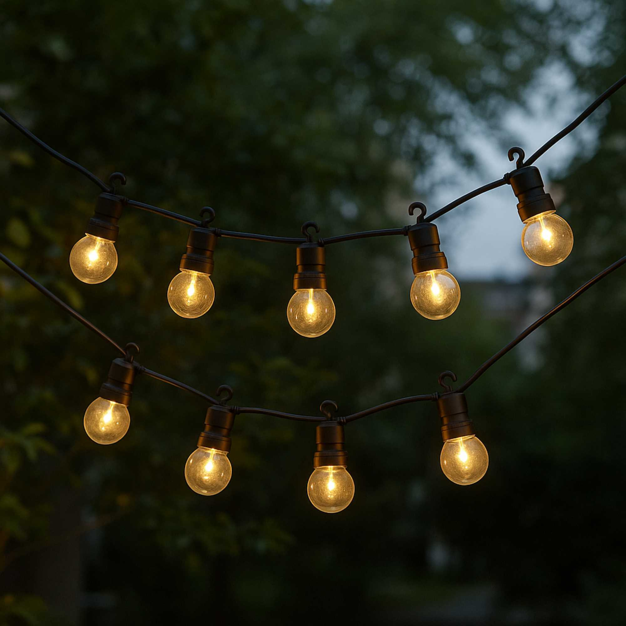 Una cadena de luces de tonos cálidos cuelga contra un fondo verde borroso. Cada bombilla brilla con una luz suave.