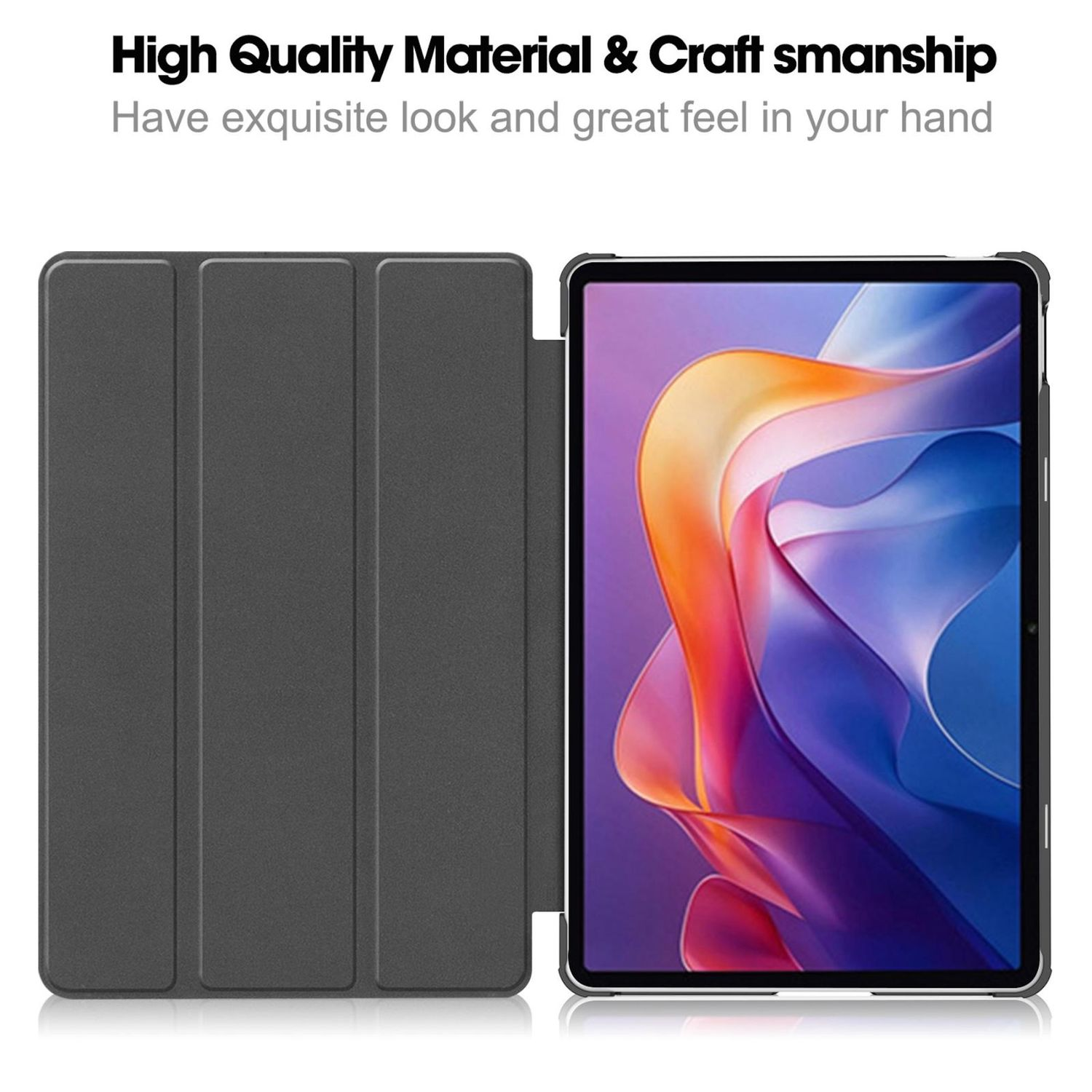 Ein Tablet mit grauer Hülle liegt auf einer weißen Oberfläche. Oben steht: 'Hochwertiges Material & Handwerkskunst'.