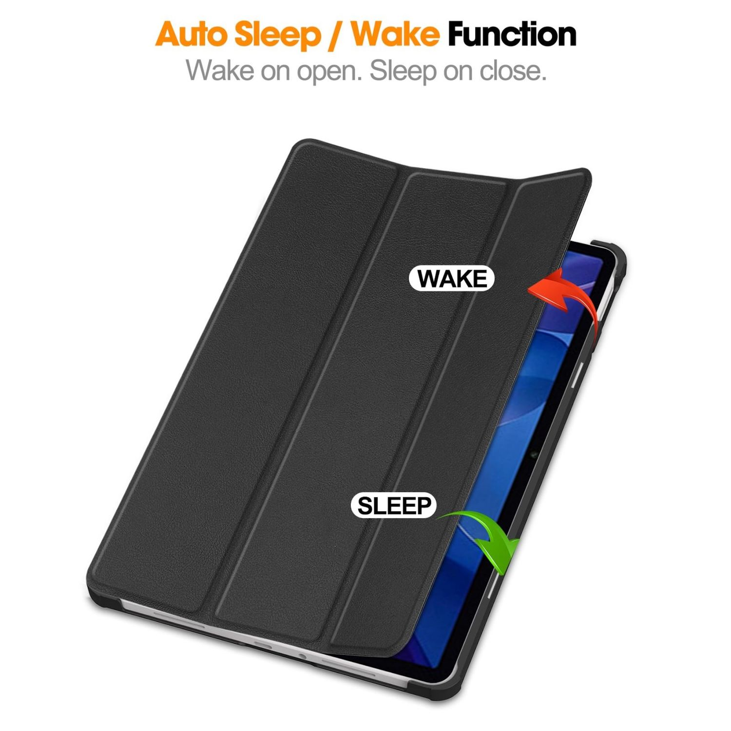 Custodia per tablet nera aperta. Testo: Funzione Auto Sleep/Wake. Frecce indicano apertura e chiusura, con etichette 'WAKE' e 'SLEEP'.