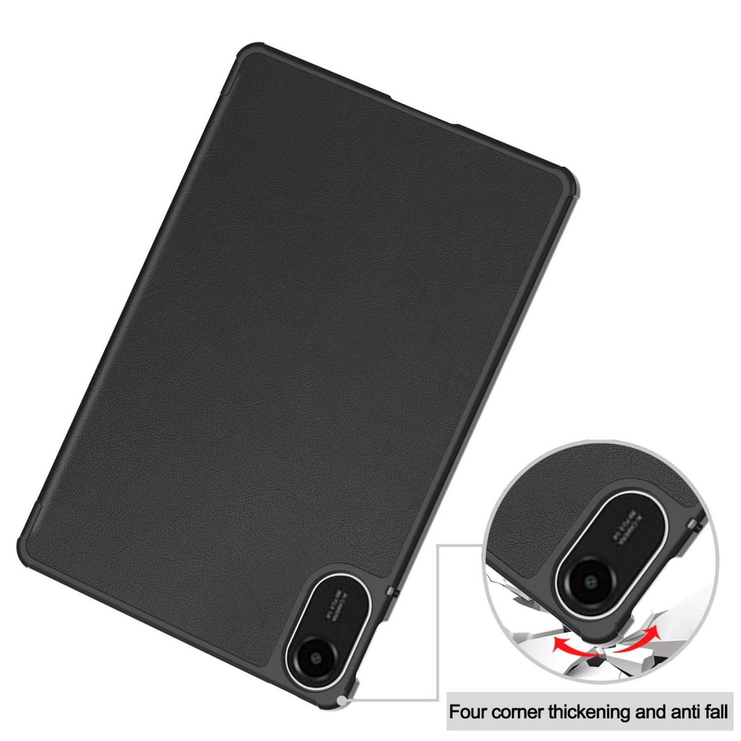 Custodia per tablet nera con ritagli per fotocamera. Un diagramma mostra l'angolo della custodia, evidenziando la funzione anti-caduta.