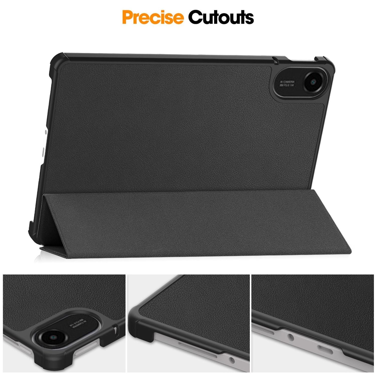 Una custodia nera per tablet con supporto, il marchio 'Precise Cutouts' in arancione. Dettagli della fotocamera e dei bordi.