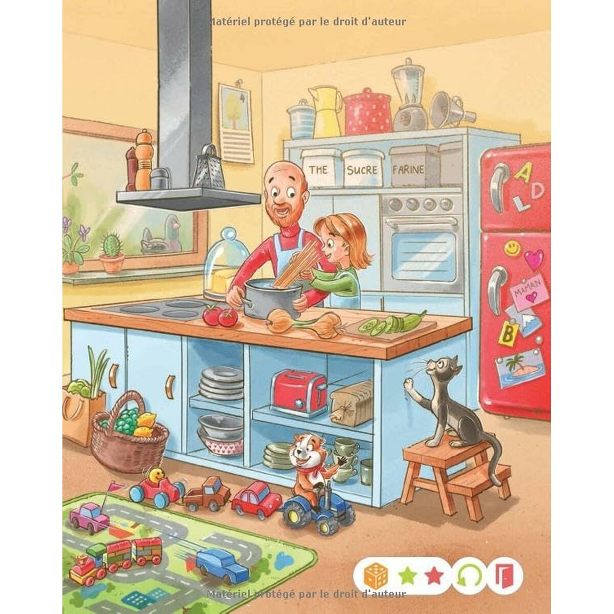 Un uomo e una ragazza cucinano in cucina. Un gatto nero è seduto su uno sgabello. I giocattoli sono sul pavimento. Un frigorifero è a destra.