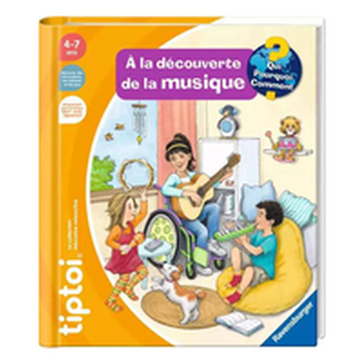 Copertina di un libro con bambini che suonano musica. Una ragazza suona la chitarra, un ragazzo la tastiera e un altro il tamburello. C'è un cane.