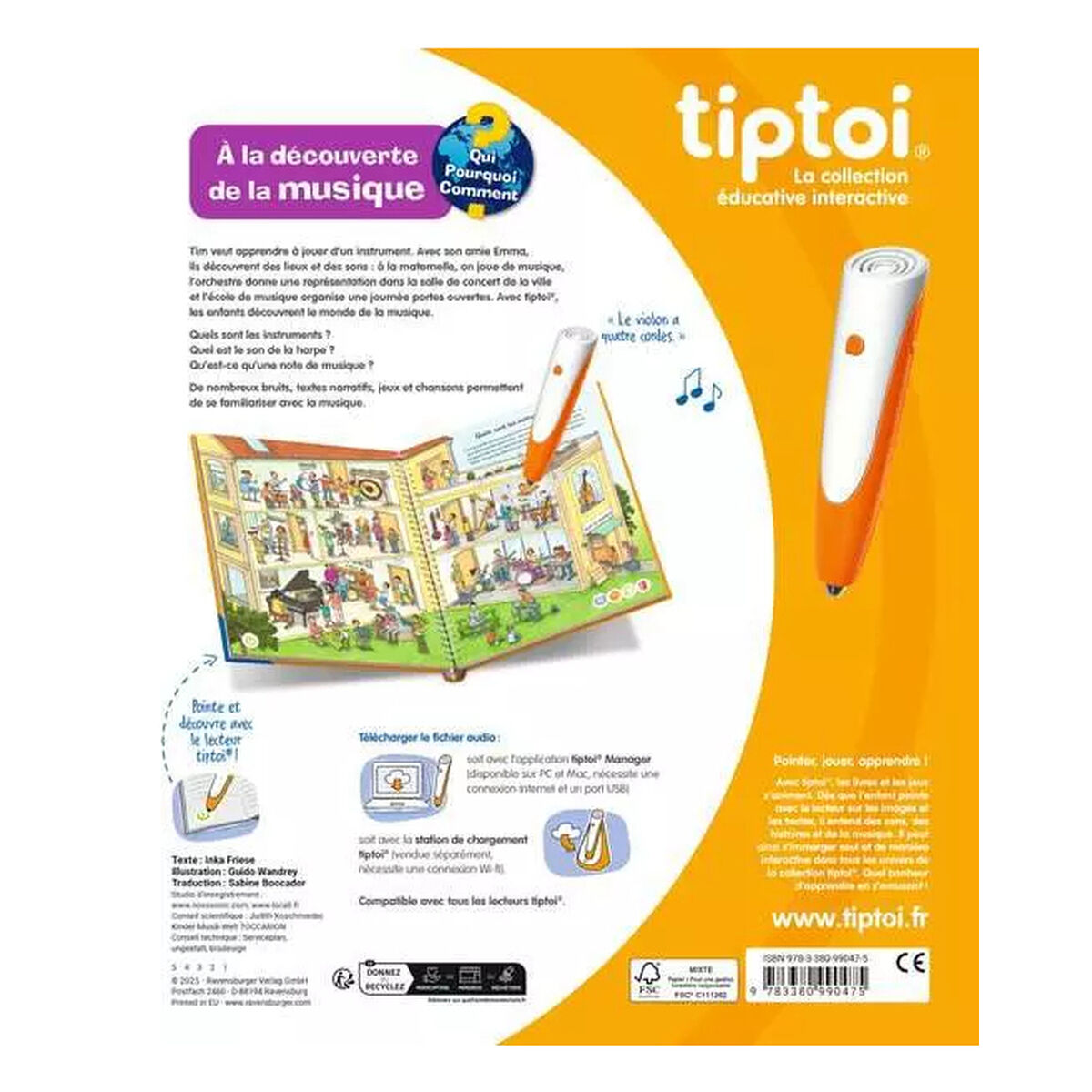 Copertina di libro con penna arancione. Testo in francese: Scoprire la musica. Illustrazioni di strumenti e bambini. Marchio Tiptoi.