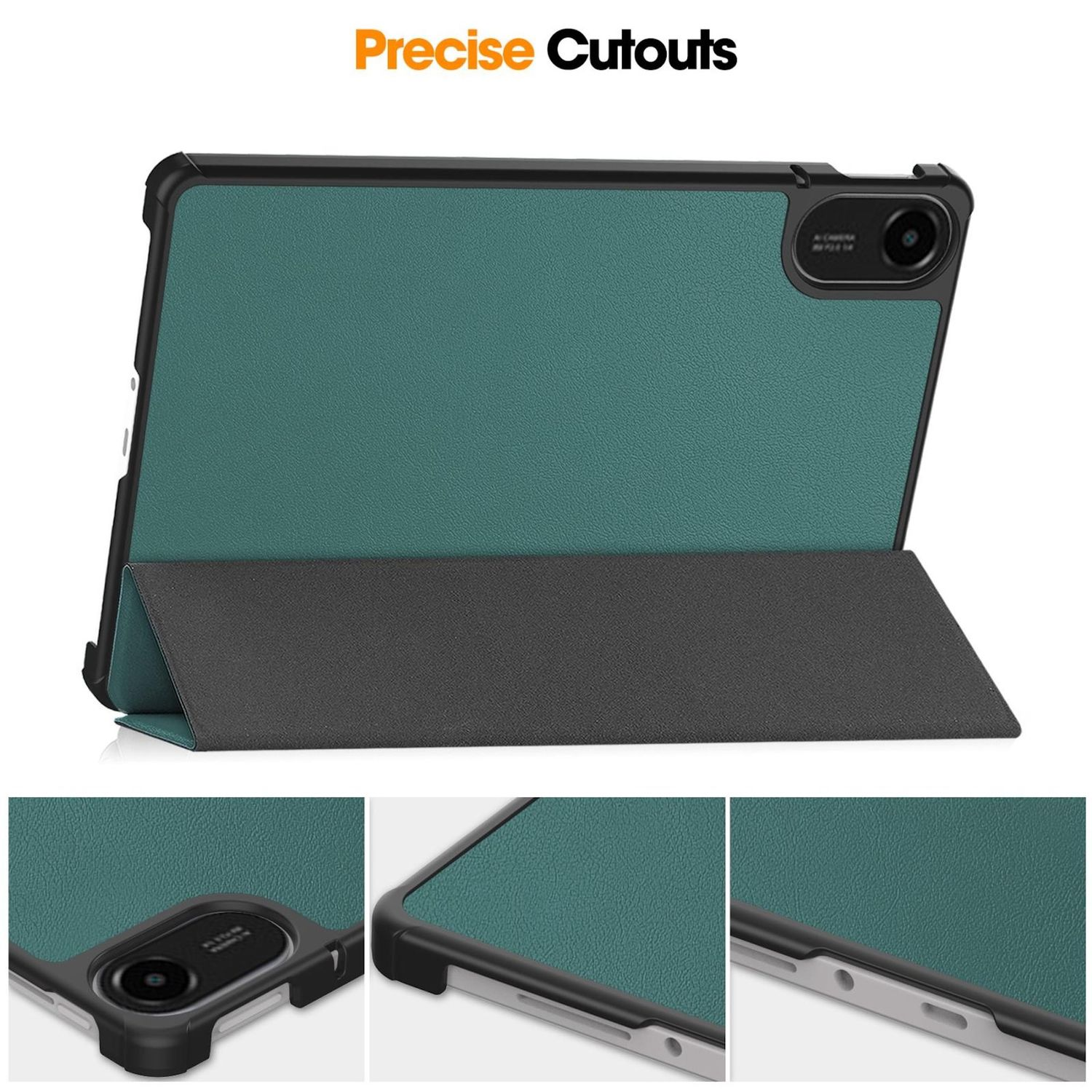 Tablet-Hülle mit tealfarbenem Innenraum und schwarzem Rahmen, hochgeklappt. Text oben: 'Precise Cutouts'.
