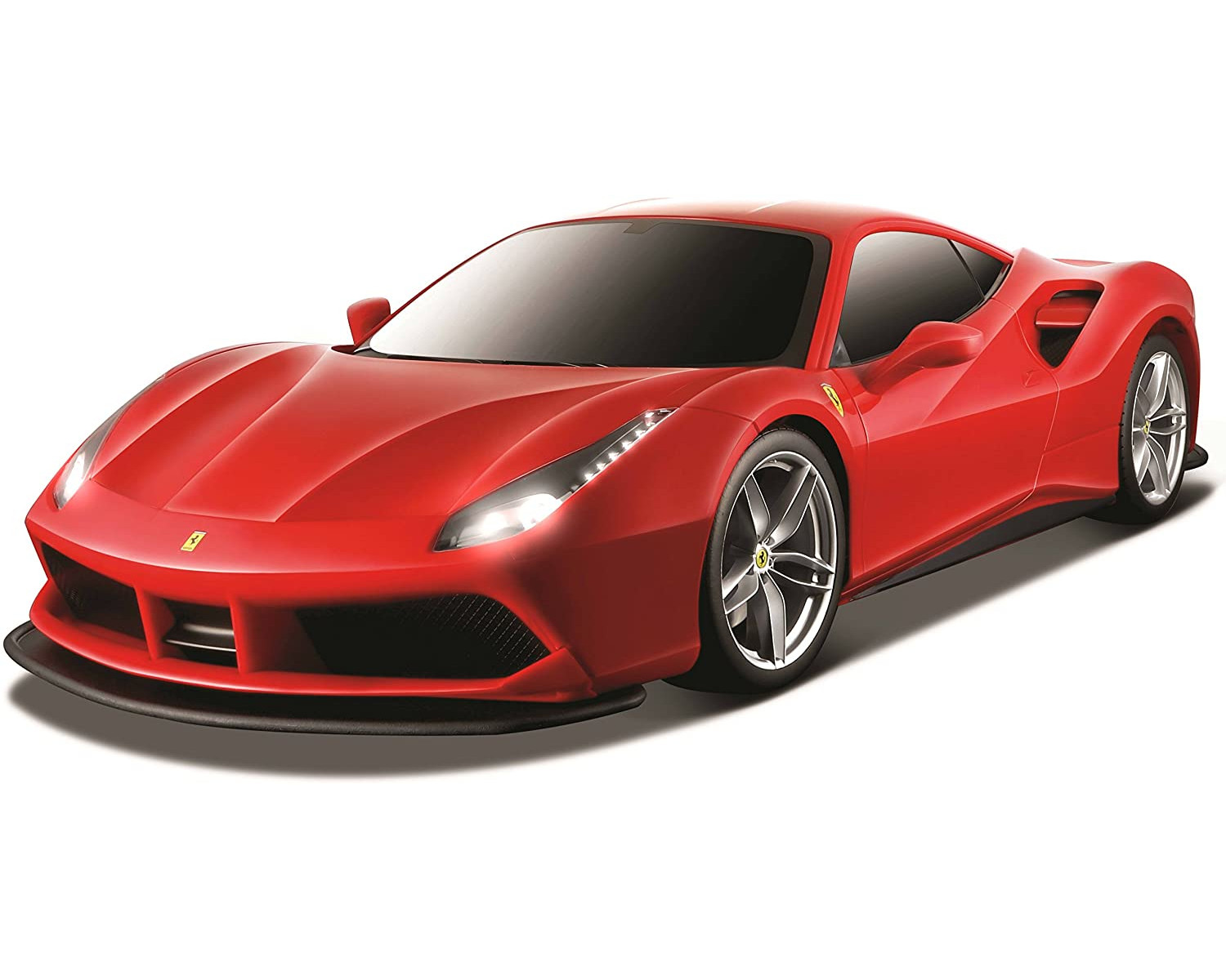 Ein roter Ferrari-Sportwagen auf weißem Hintergrund. Das Auto ist schnittig mit silbernen Felgen, schwarzen Details und einem Ferrari-Logo.
