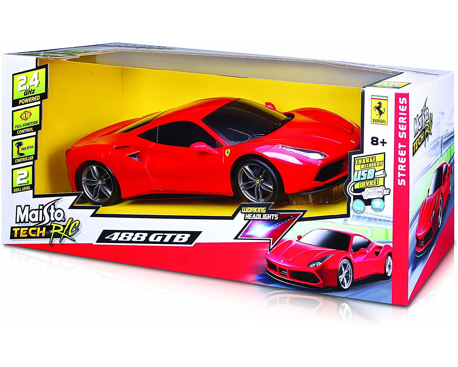 Ein roter Ferrari 488 GTB Spielzeugauto befindet sich in einer Schachtel. Auf der Schachtel steht 'Maisto Tech R/C' und 'Street Series'.