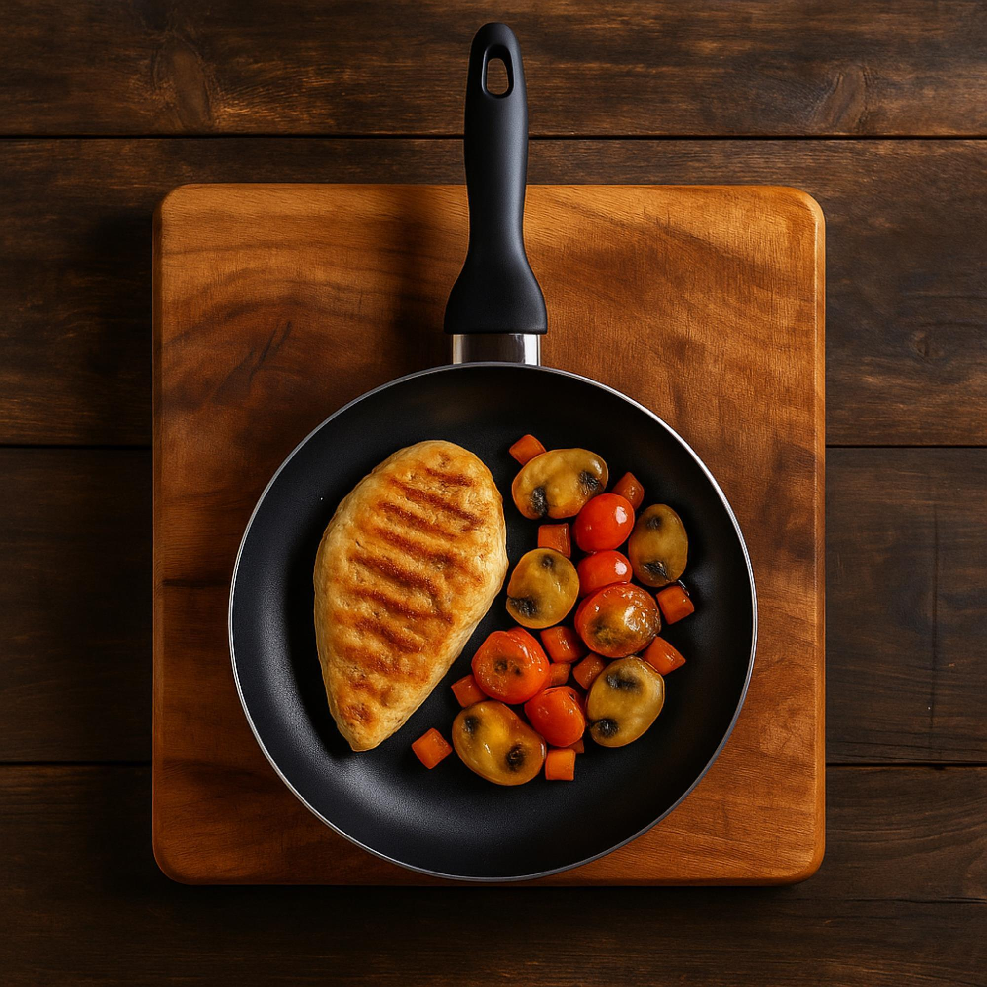 Pechuga de pollo a la plancha en sartén con tomates y champiñones, sobre tabla de cortar, en mesa de madera.