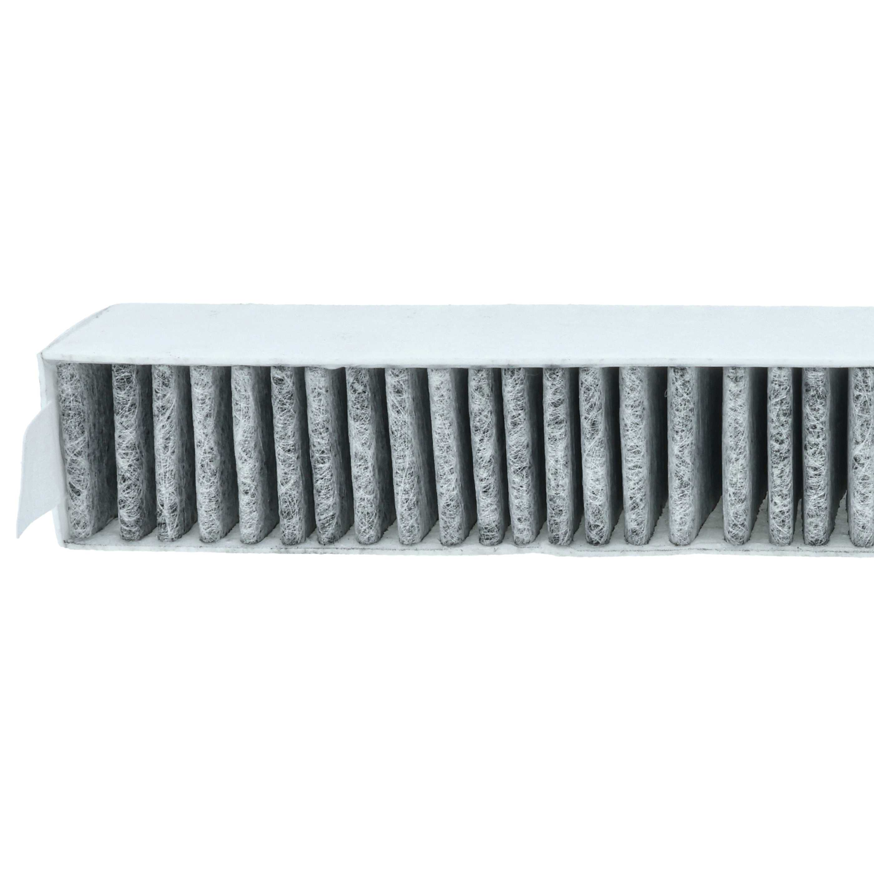 Ein rechteckiger Luftfilter mit vielen parallelen grauen Filterabschnitten. Weißer Rahmen umgibt die Filter.