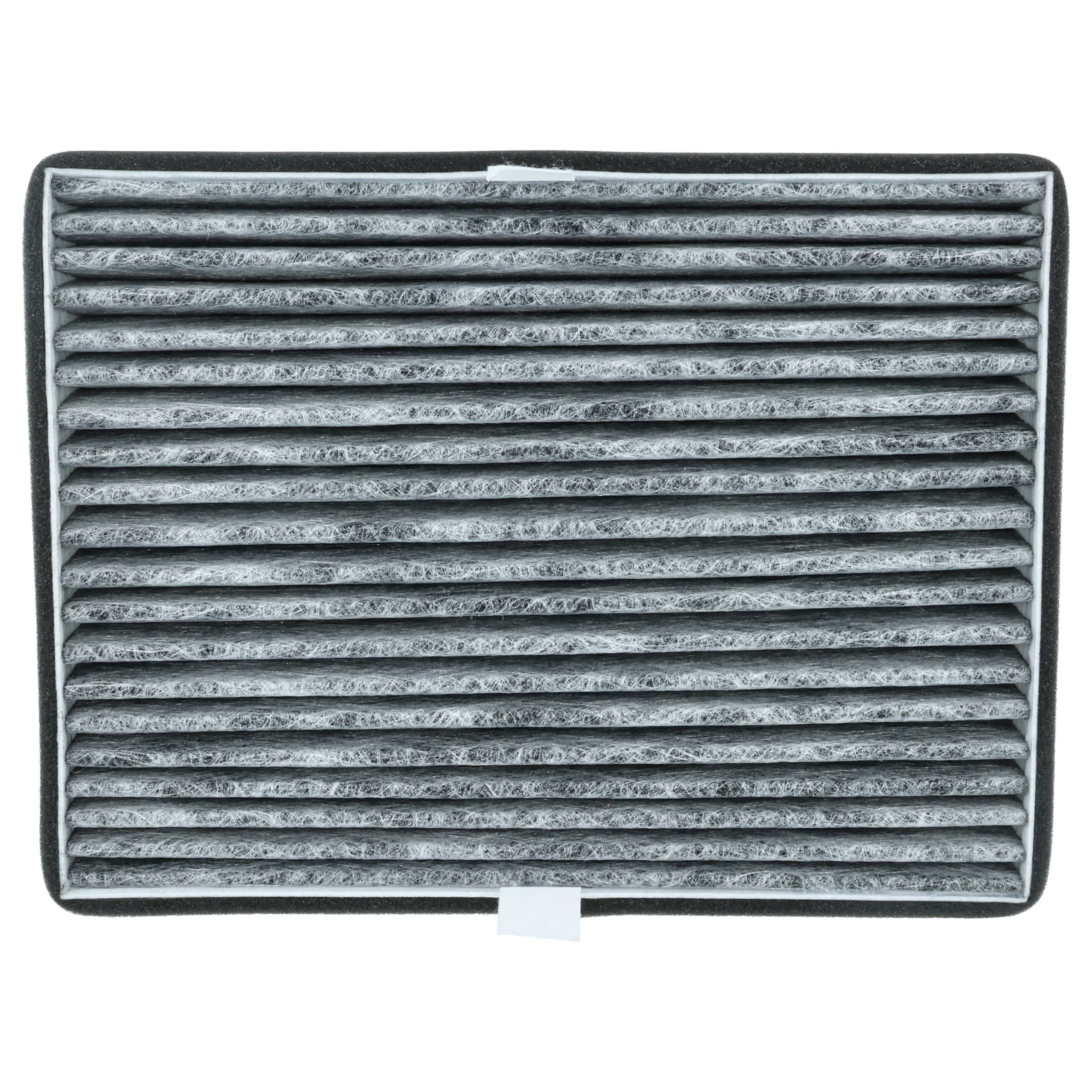 Ein Luftfilter mit vielen Schichten, grauem Filtermaterial, schwarzem Rahmen und weißem Etikett.