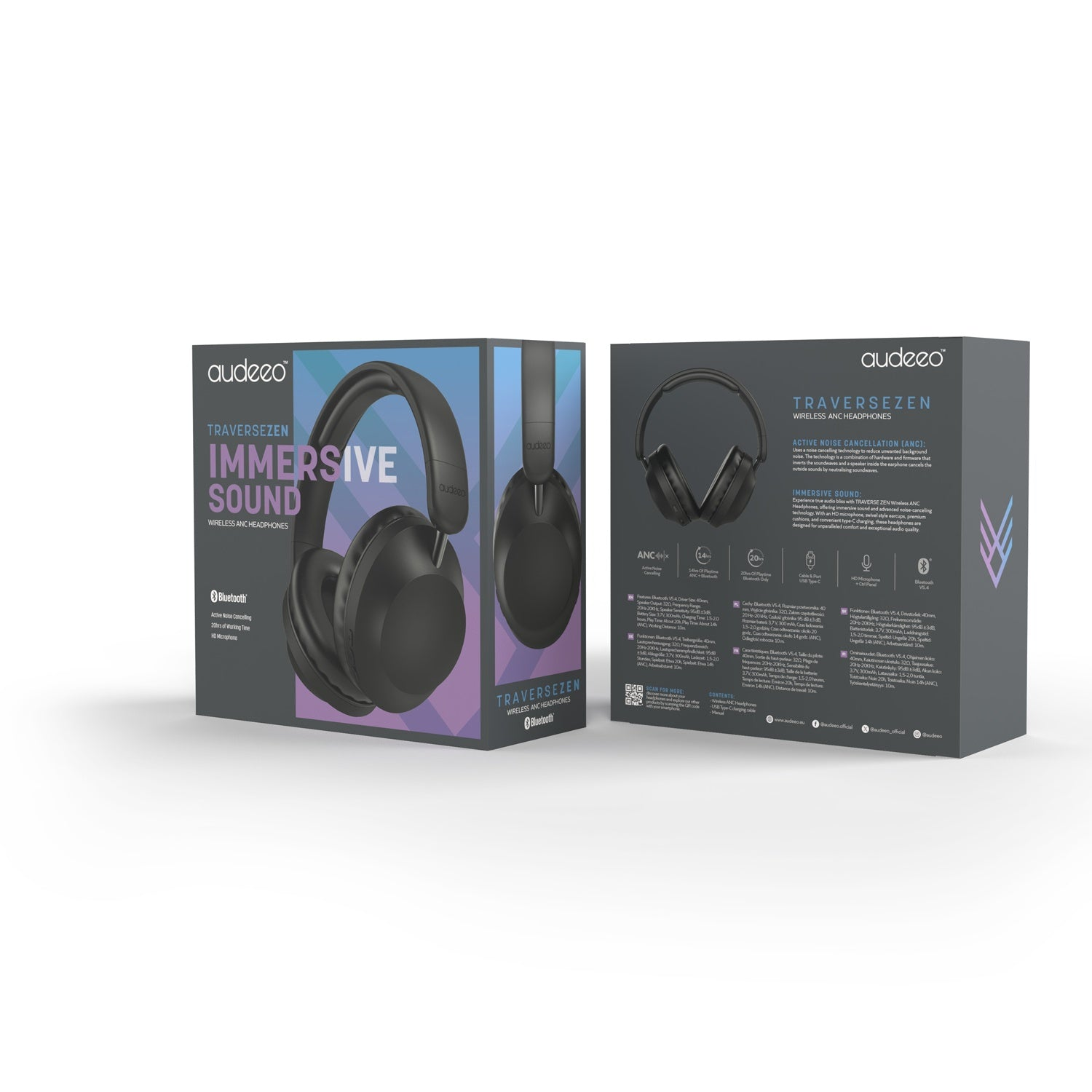 Cuffie nere su una scatola. Il testo recita 'Immersive Sound', 'Traversezen' e 'Bluetooth'.