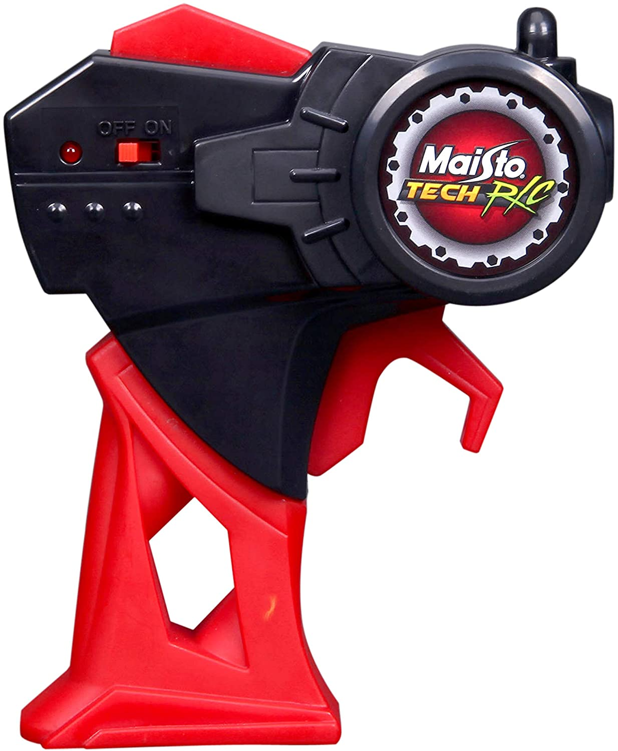 Eine rot-schwarze Maisto Tech R/C Fernbedienung. Sie hat einen Ein-/Ausschalter und einen kreisförmigen Regler mit dem Logo der Marke.