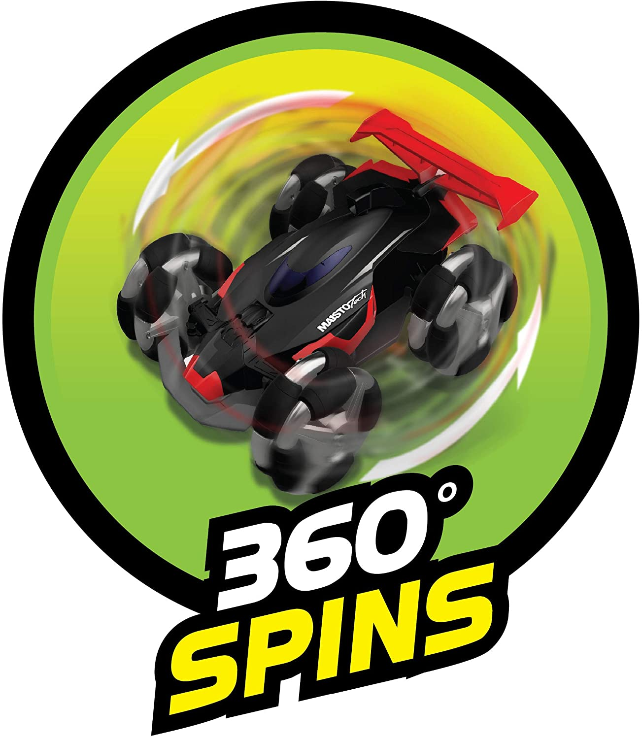 Ein schwarz-rotes Spielzeugauto mit rotem Spoiler dreht sich in einem grünen Kreis mit weißen Pfeilen, umgeben von einem schwarzen Rand. Der Text lautet '360° SPINS'.