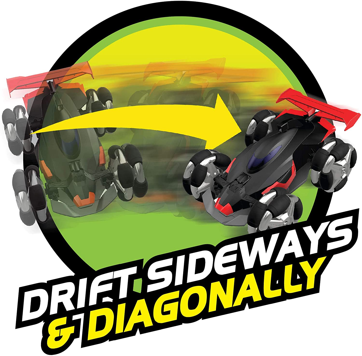 Das Bild zeigt Spielzeugautos, die diagonal driften. Ein Auto bewegt sich, ein gelber Pfeil zeigt auf ein zweites Auto. Text: 'DRIFT SIDEWAYS & DIAGONALLY'.