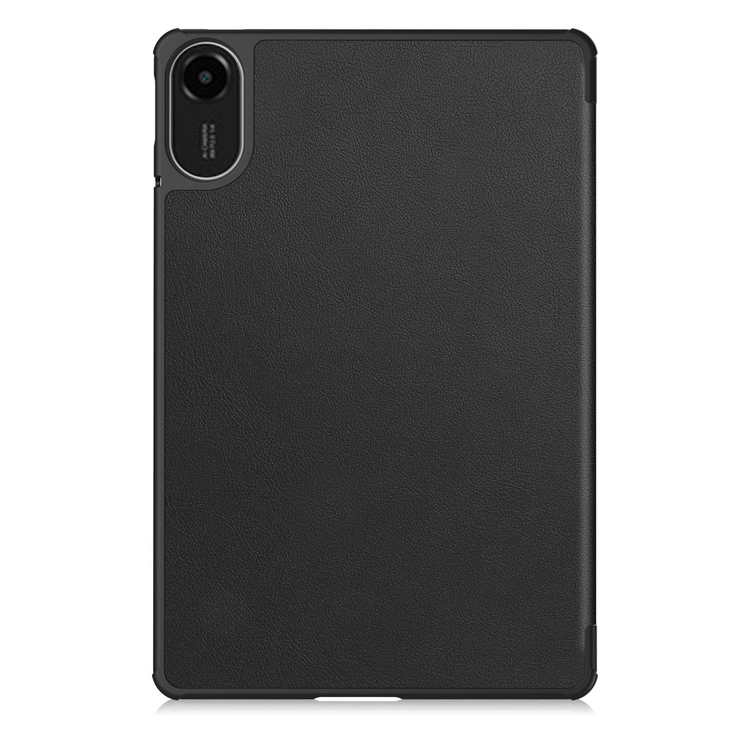 Un tablet nero con retro strutturato. Nell'angolo in alto a sinistra c'è una fotocamera e un flash. Il tablet è rettangolare e ha angoli arrotondati.