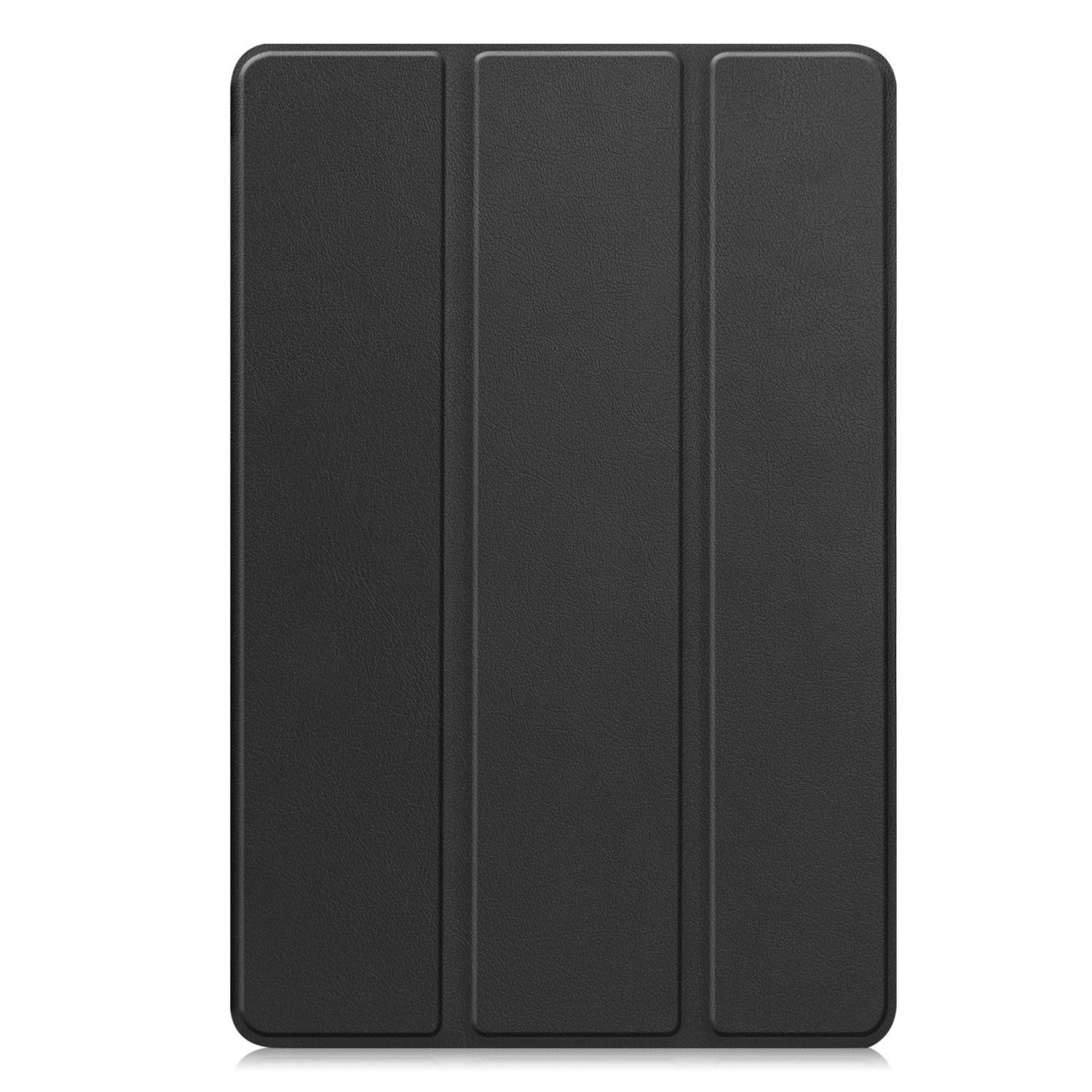 Una custodia nera per tablet con tre pannelli verticali. La custodia ha una superficie strutturata ed è chiusa.