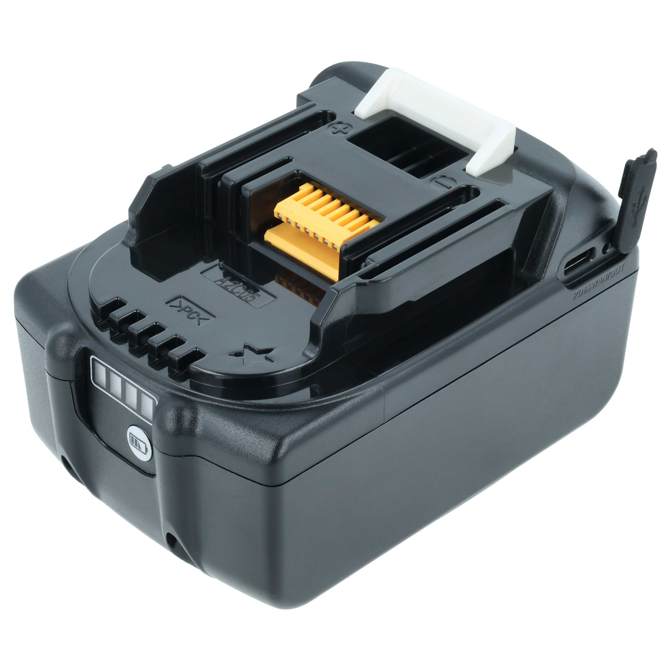 Schwarzer und grauer Akku mit weißem Griff und gelbem Anschluss. Er hat eine Batteriestandsanzeige.