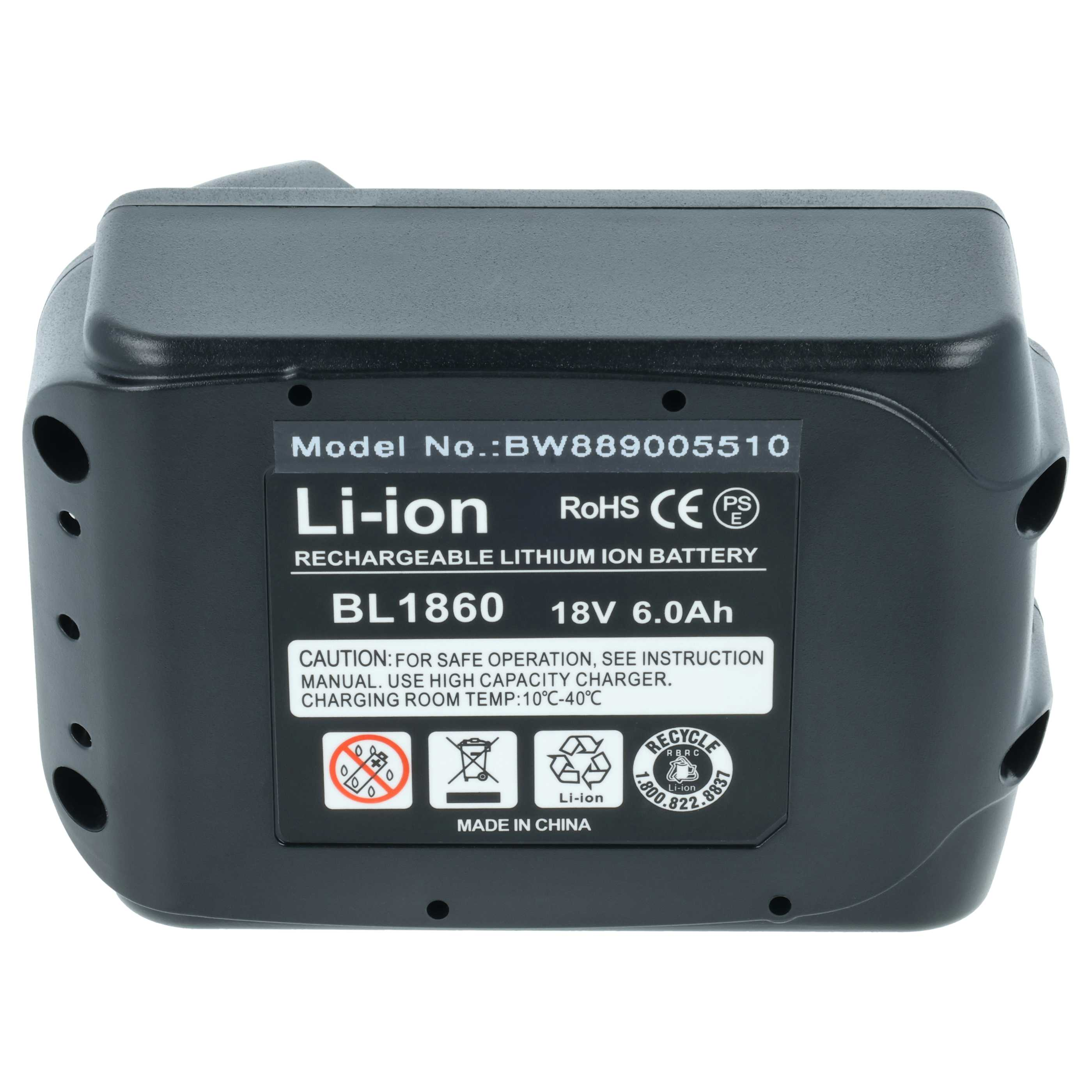 Ein schwarzer, rechteckiger Li-Ionen-Akku mit weißem Text. Er hat ein Warnschild und den Text 'MADE IN CHINA'.