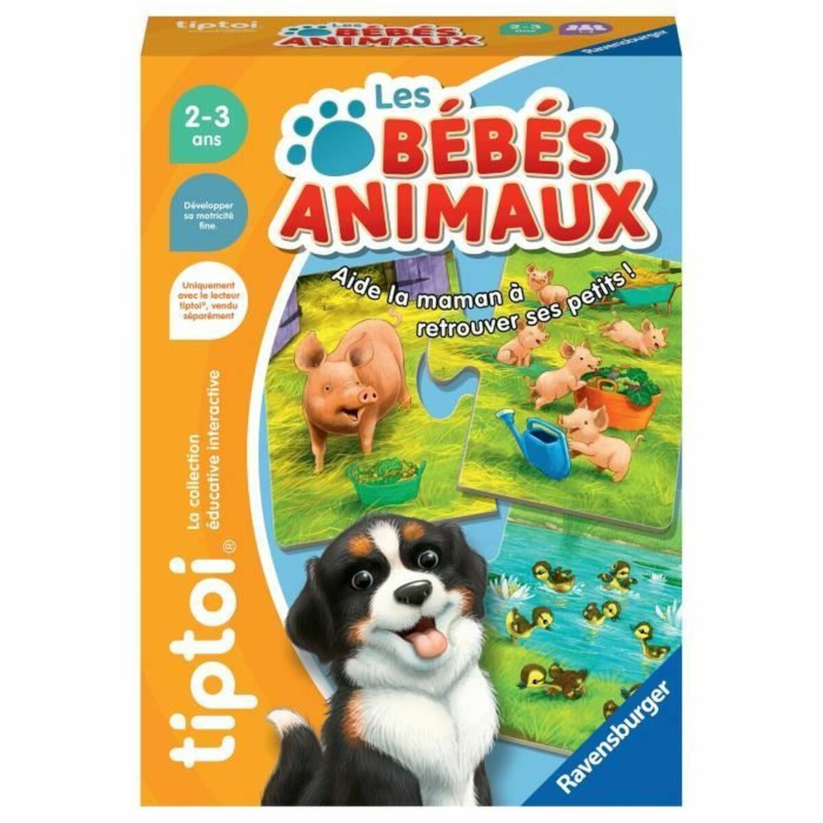 Illustrazione della scatola di un gioco di puzzle per bambini. Presenta un maiale, maialini, un cane e il testo 'Les Bébés Animaux'.