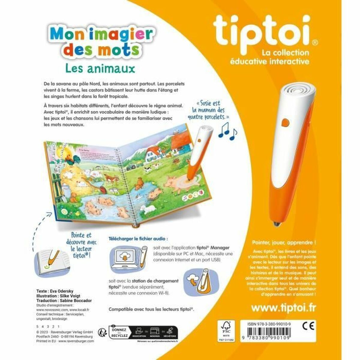 Un opuscolo mostra un libro con illustrazioni di animali. Una penna tiptoi arancione punta all'immagine. Testo in francese e inglese.