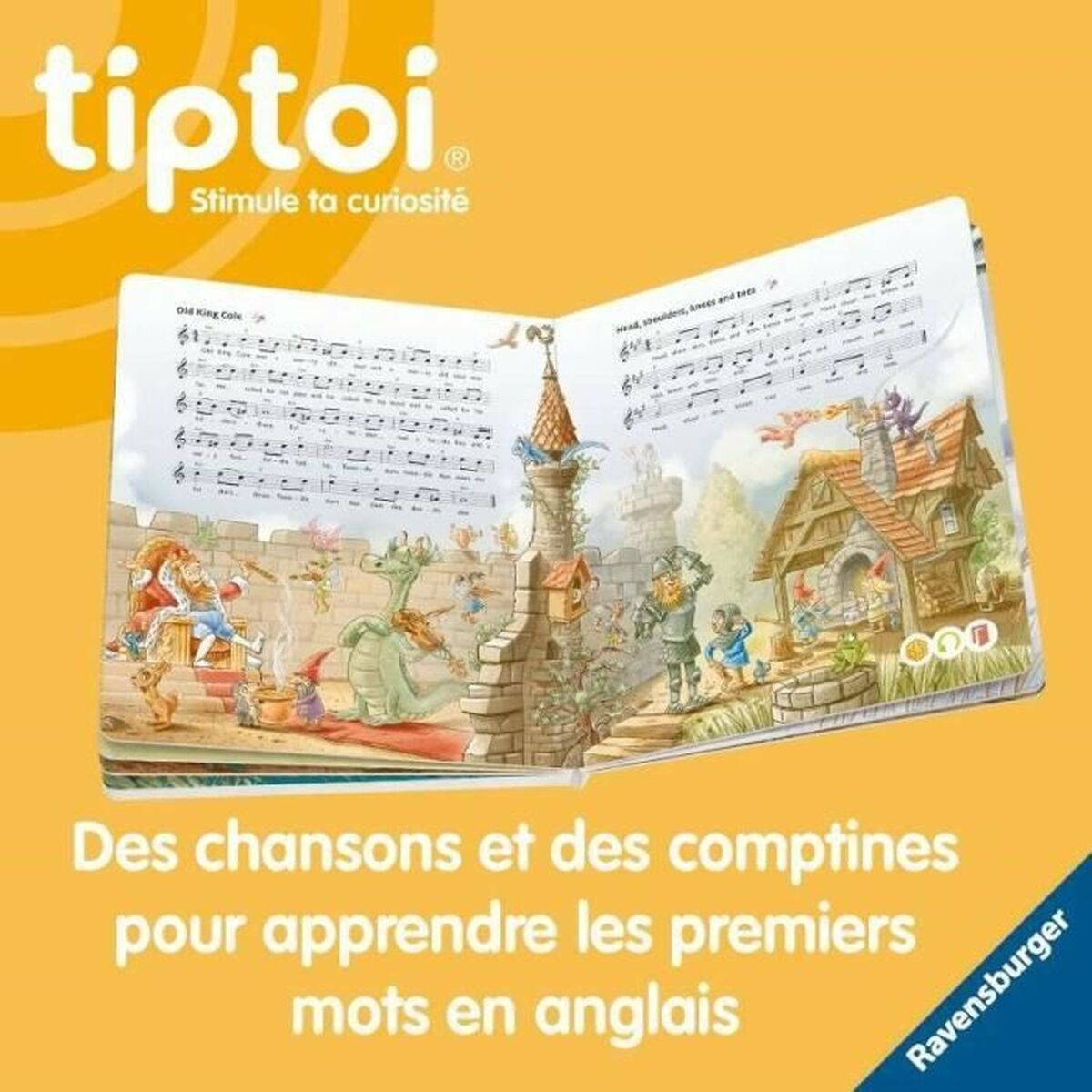 Libro aperto con illustrazioni di un castello, personaggi e note musicali, con testo in francese per promuovere l'apprendimento dell'inglese.