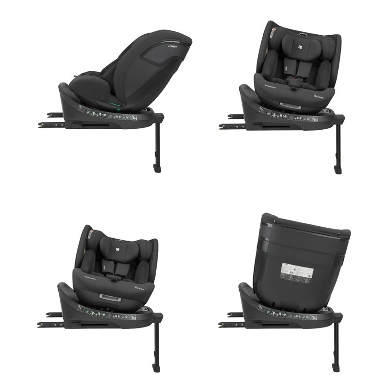 Vier Ansichten eines schwarzen Autositzes, die verschiedene Winkel und Positionen zeigen. Alle Sitze stehen auf einer schwarzen Basis mit Metallbein.