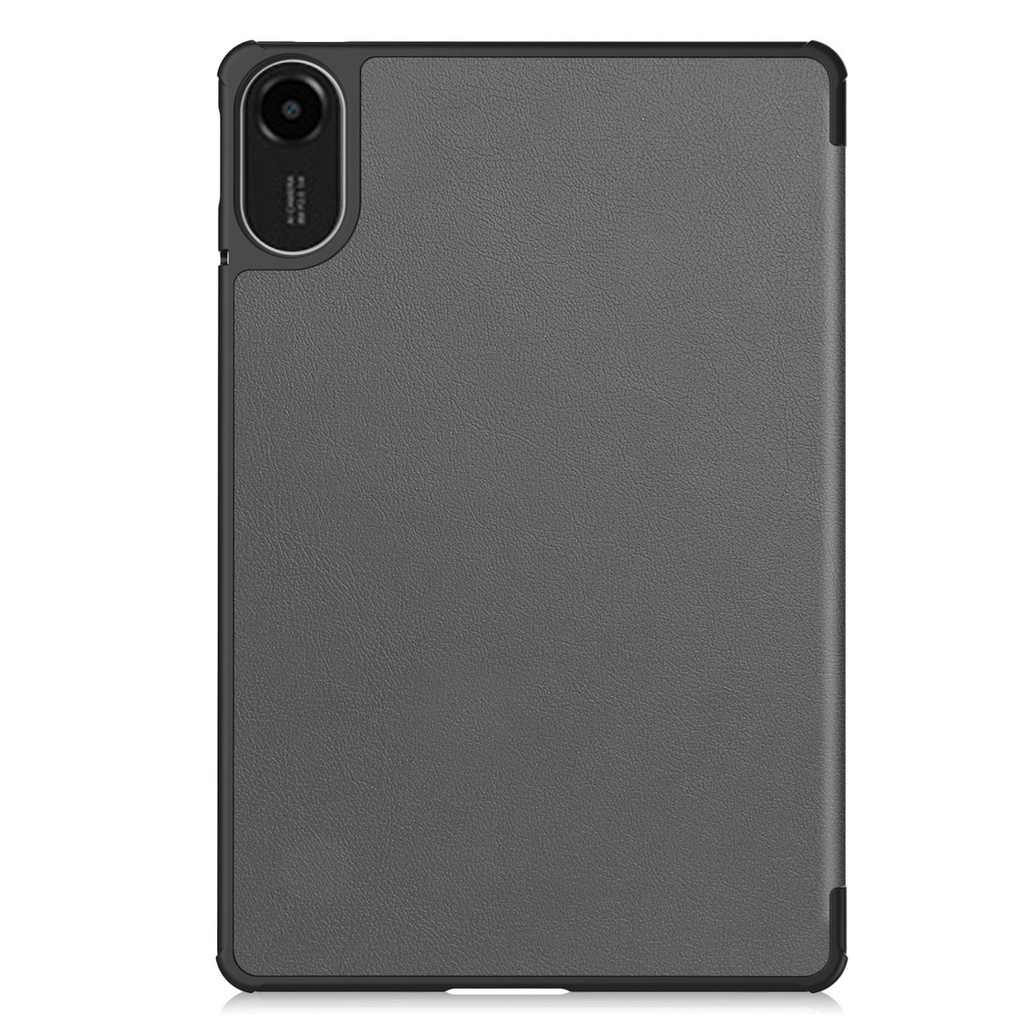 Eine graue Tablet-Hülle mit schwarzem Rahmen. Auf der oberen linken Seite ist ein Kameraobjektiv zu sehen. Die Oberfläche scheint strukturiert zu sein.